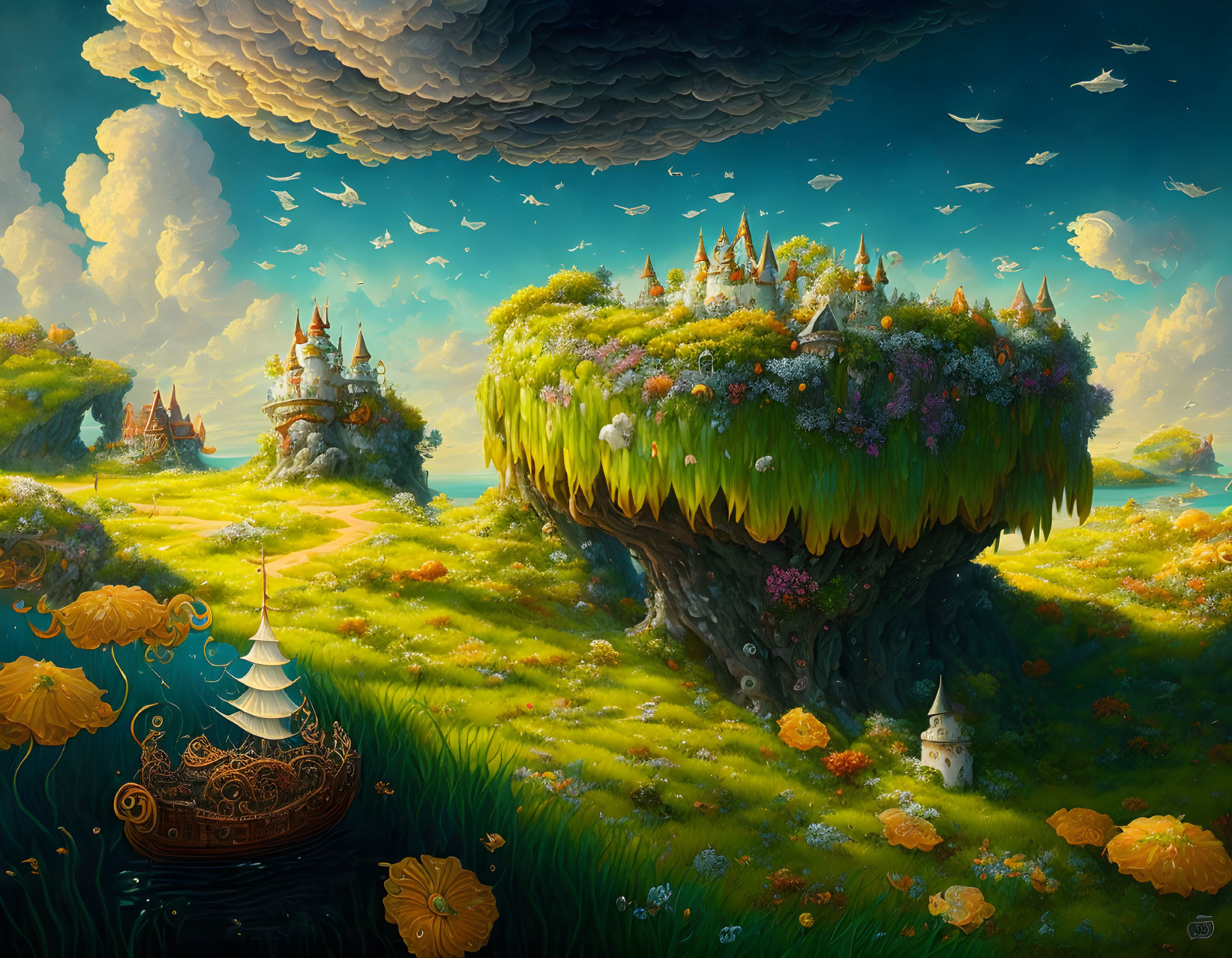 Fantasy landscape with floating islands, castles, ship, sunflowers & dynamic sky