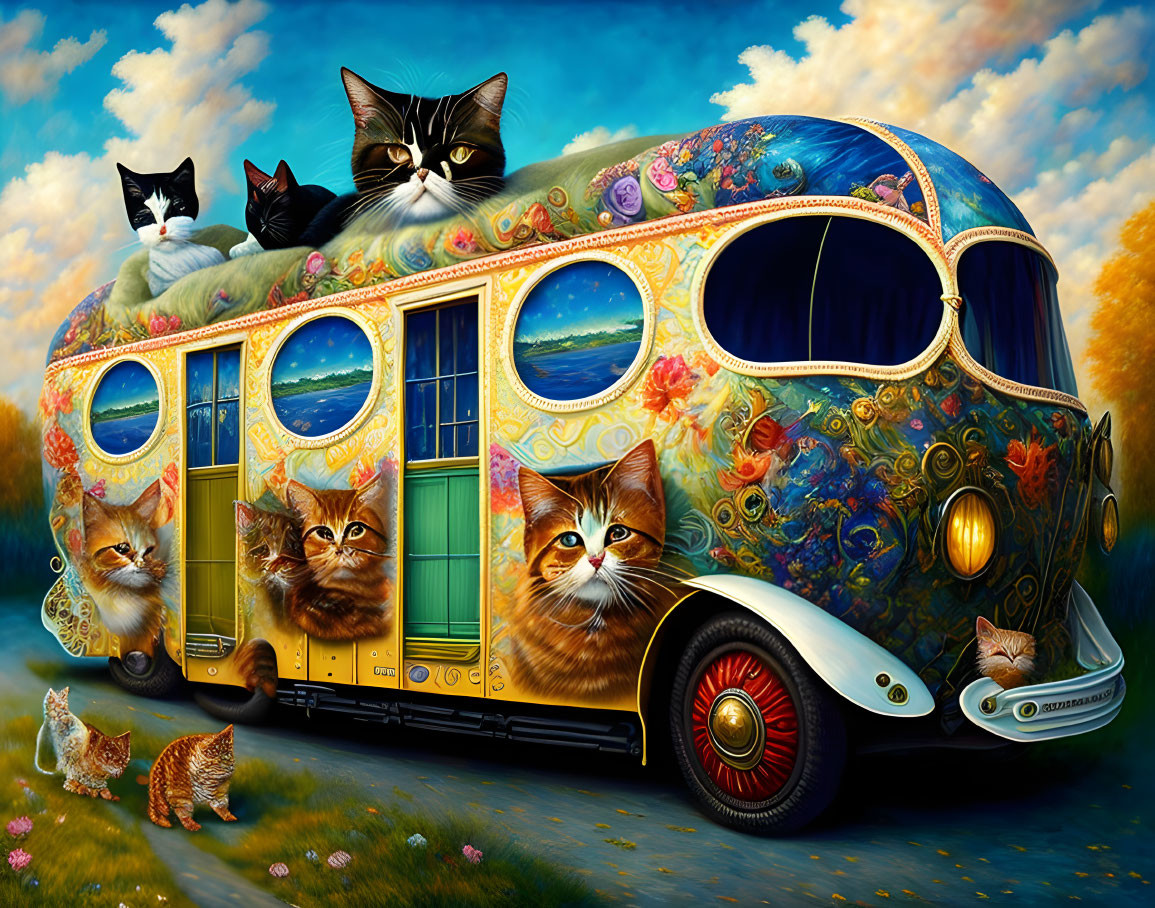 Colorful Painting: Cats in Floral Bus Artwork