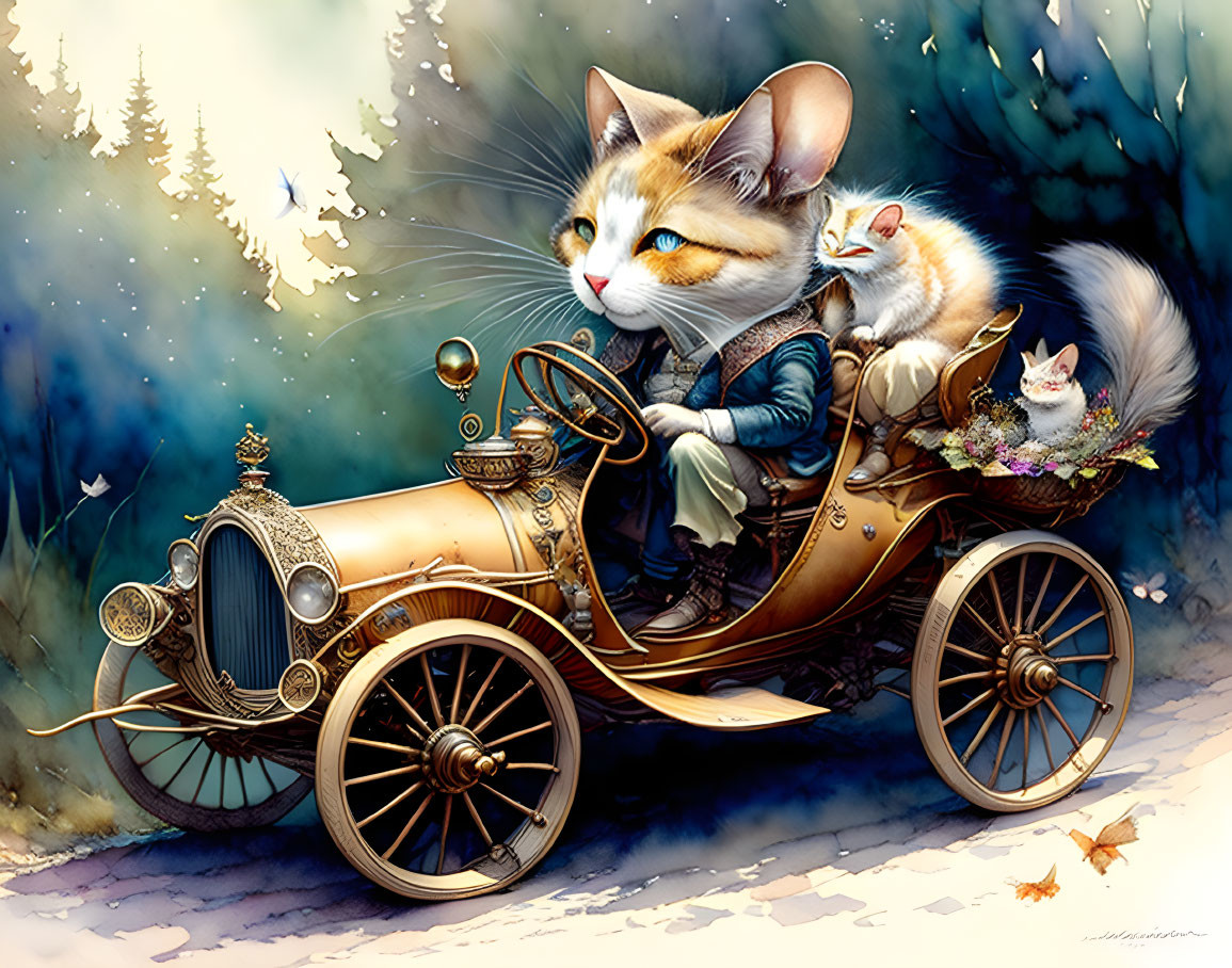 Anthropomorphic cat in vintage attire driving old-fashioned car with kitten and flowers in forest setting.