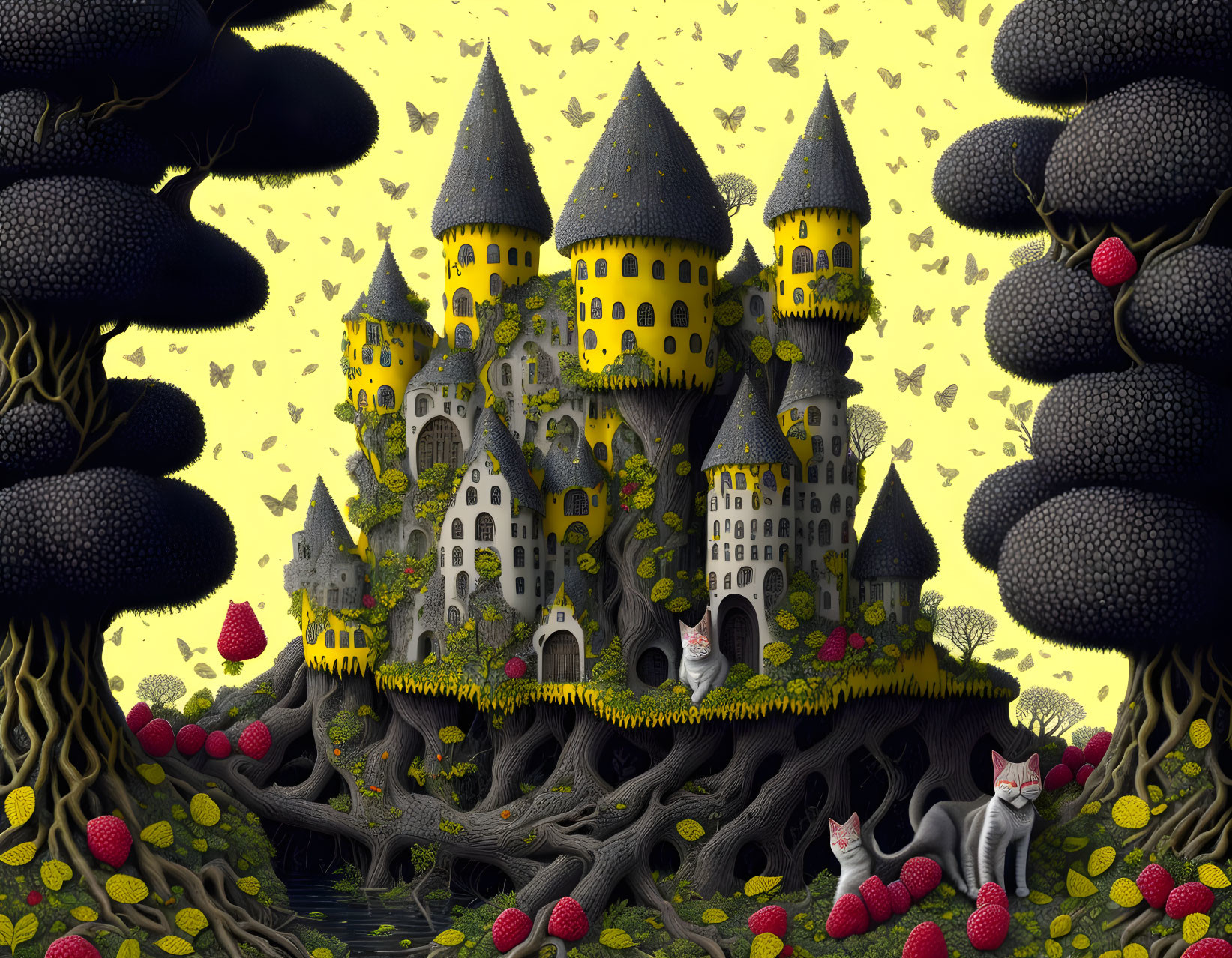 Whimsical fairytale castle illustration with black trees, yellow leaves, fruits, and grey cat