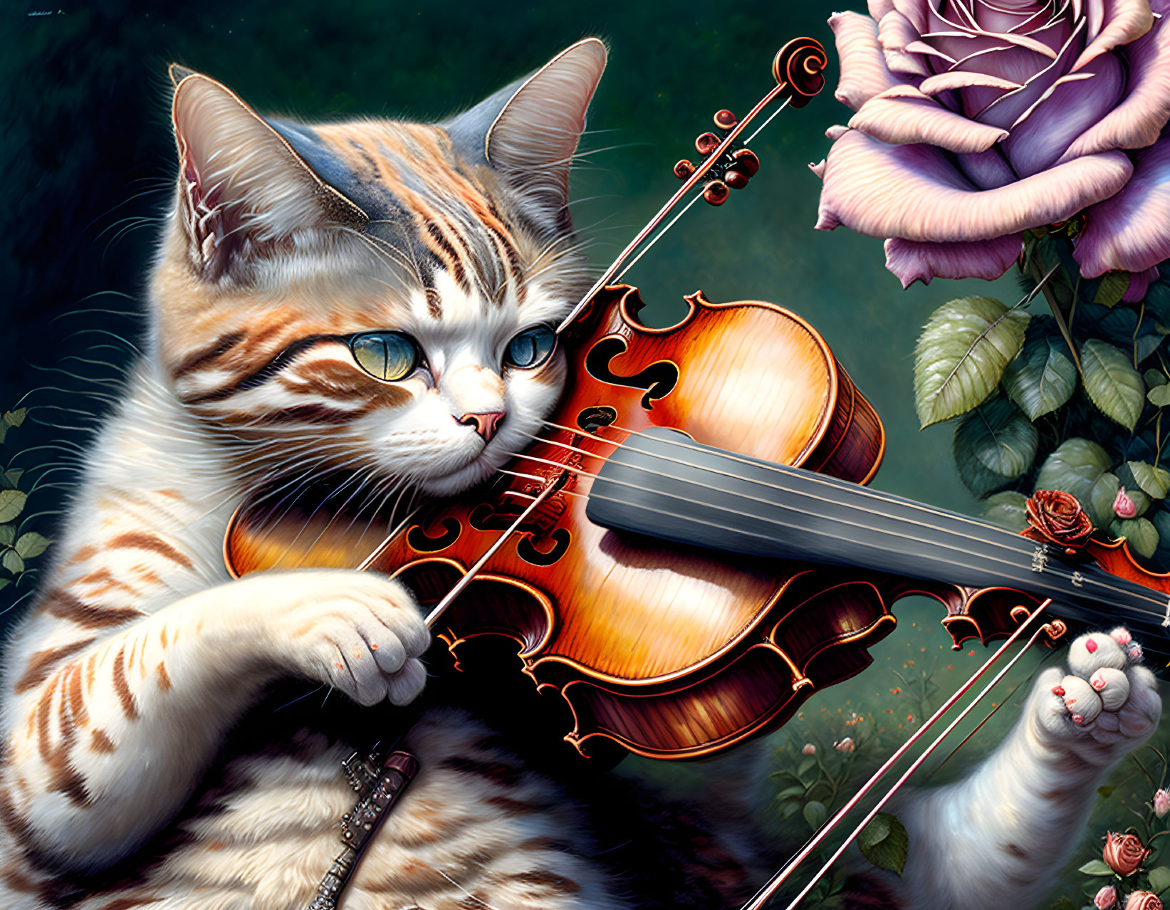 Detailed illustration: Tabby cat playing violin among roses