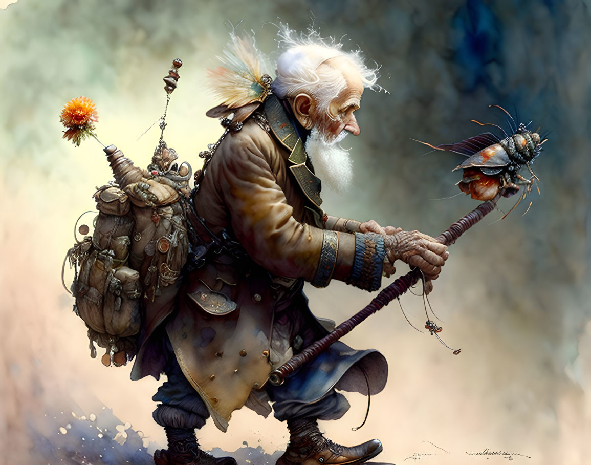 Elderly traveler with long beard and backpack observing tiny creature