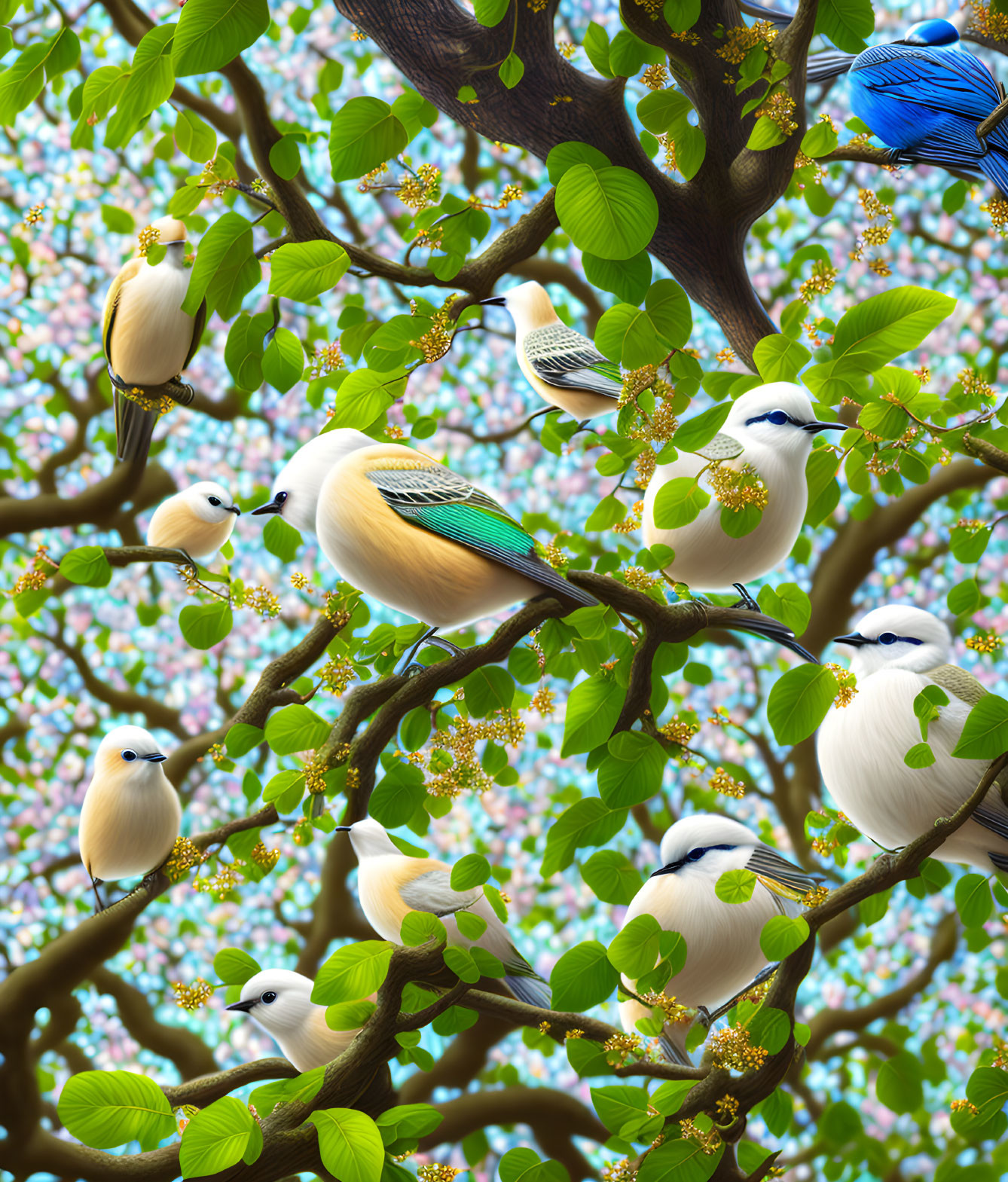 White Birds Perched on Blossoming Tree Branches in Surreal Illustration