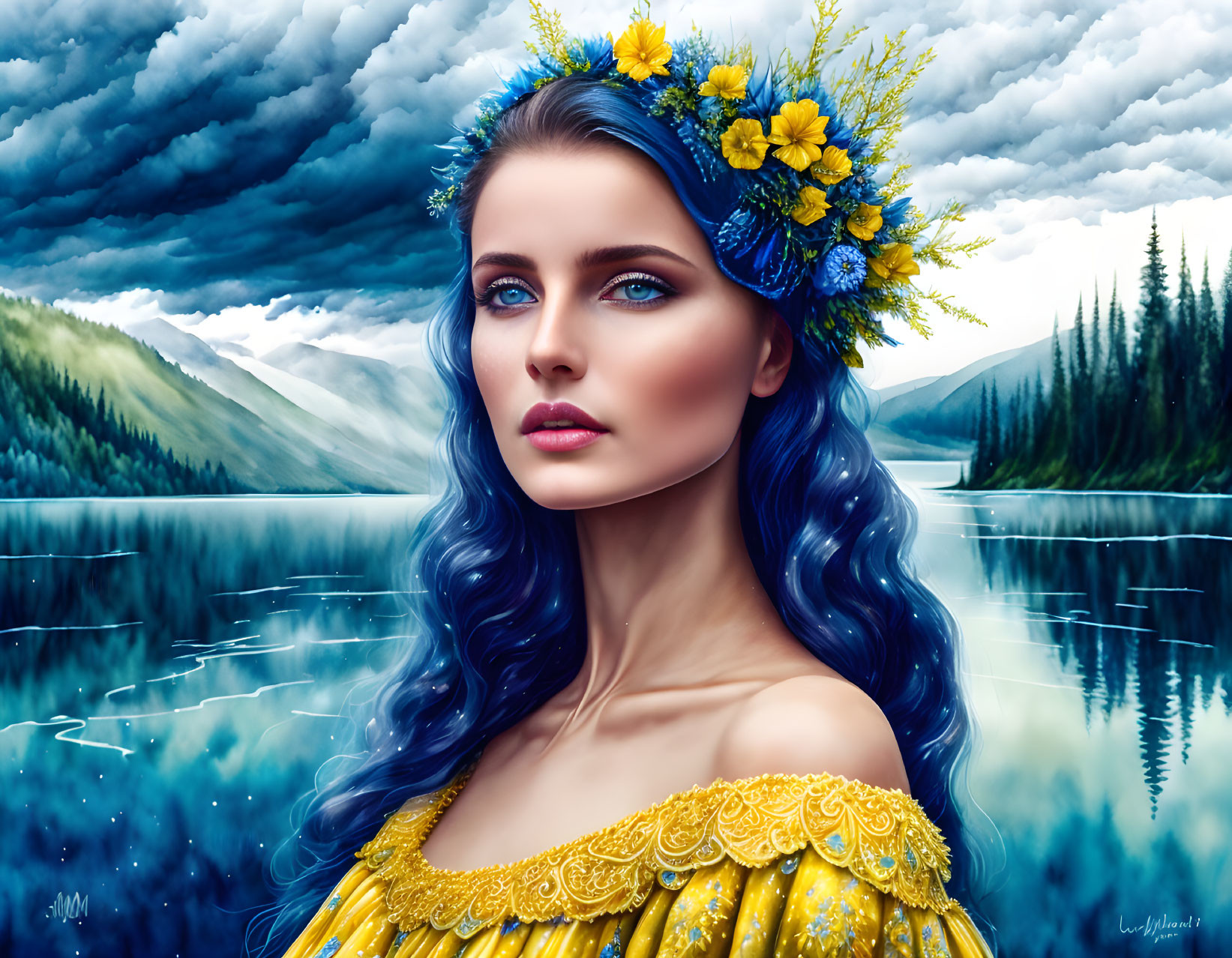 Digital Artwork: Woman with Blue Hair and Yellow Floral Crown by Mountain Lake