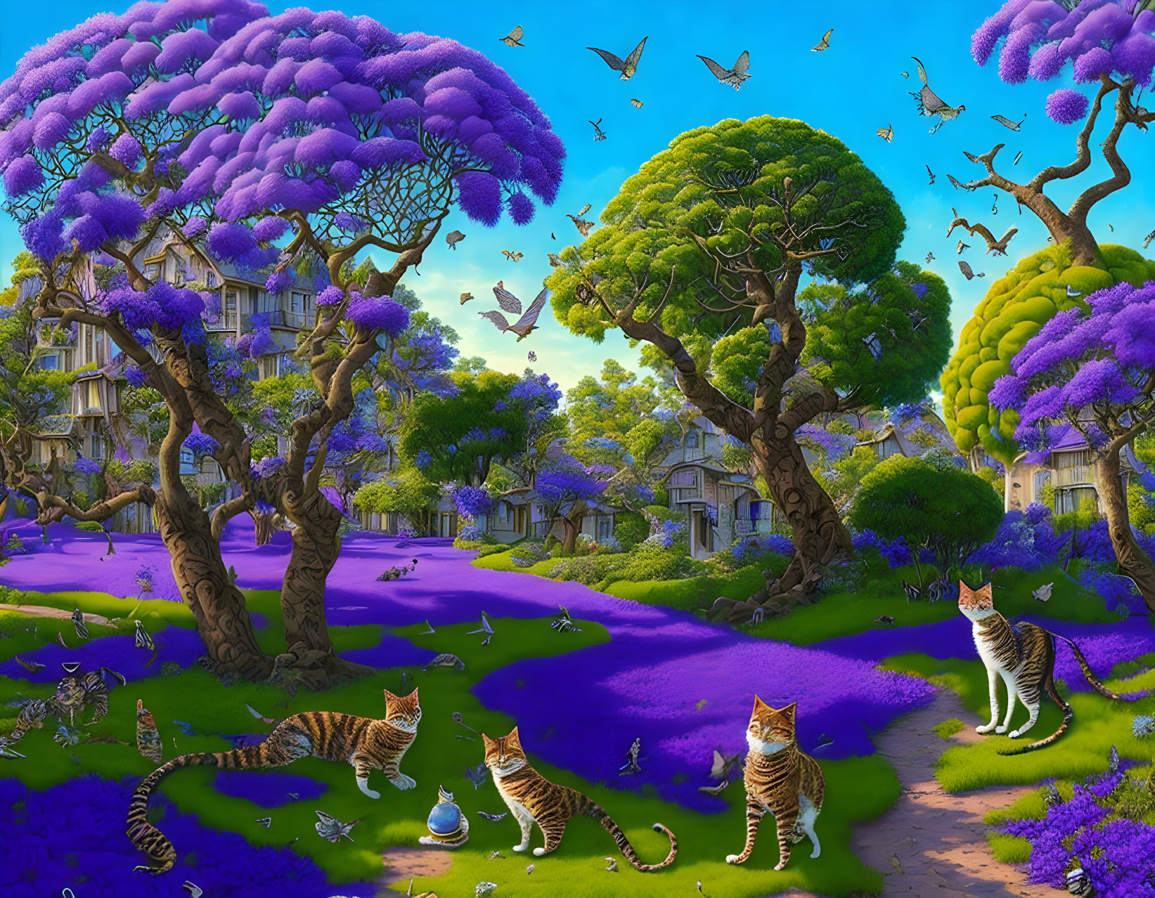 Colorful landscape with purple trees, green foliage, cats, butterflies, and cottages