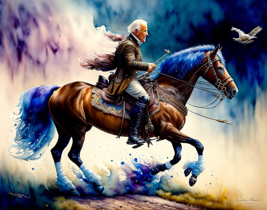 Historical man on spirited blue horse with flowing mane and flying dove.