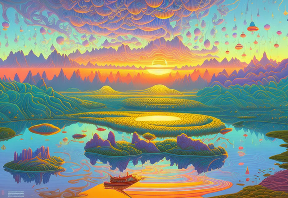 Colorful Surreal Landscape with Layered Mountains and Floating Islands