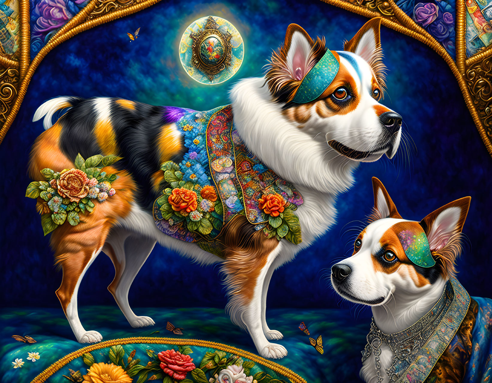 Colorful Stylized Corgis Artwork with Floral Patterns and Jewels