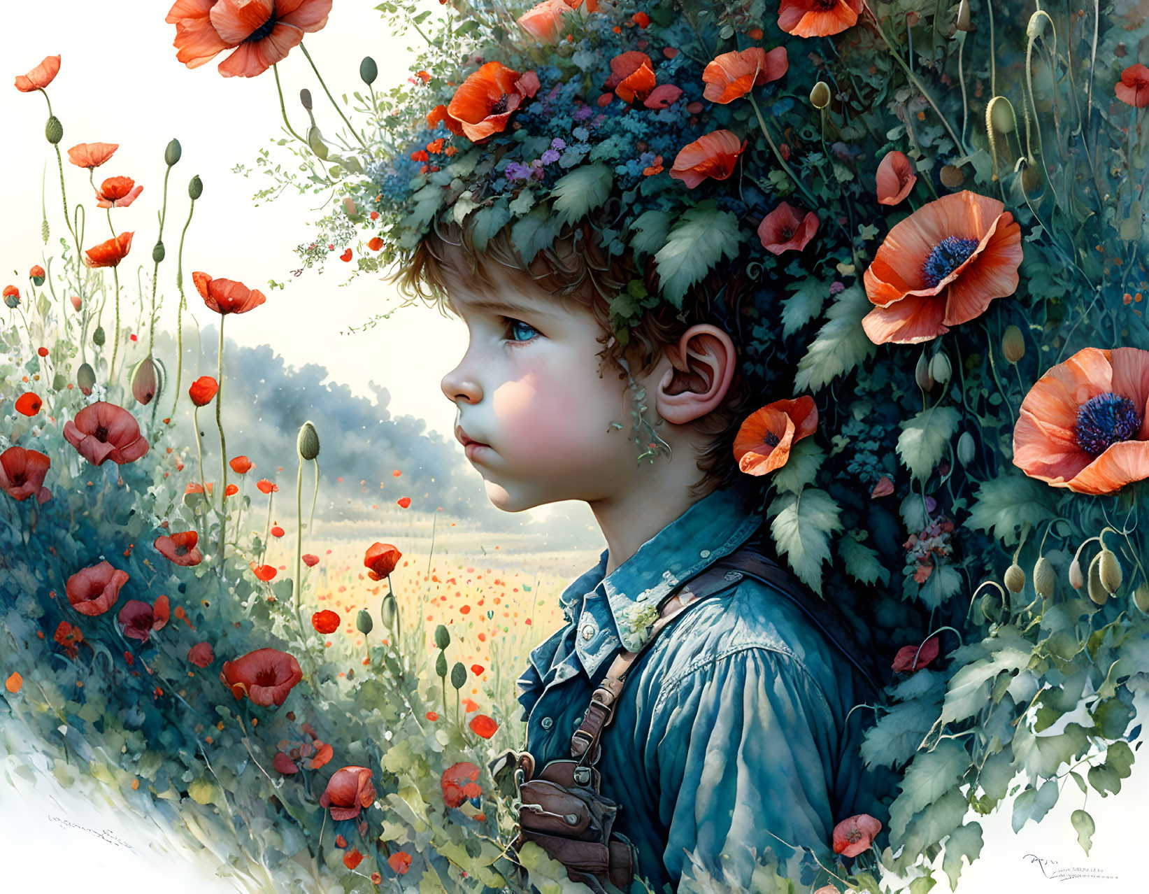 Young Child in Blue Outfit with Flower Crown Surrounded by Red Poppies and Greenery