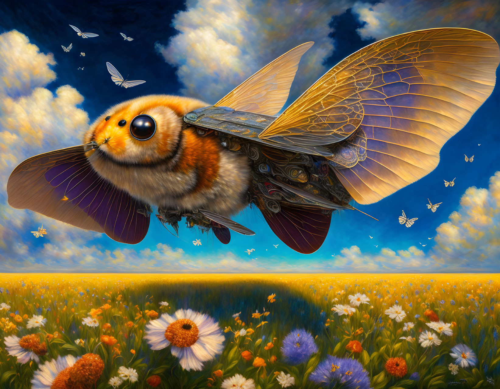 Illustration of giant bee with mechanical wings flying over colorful field of flowers