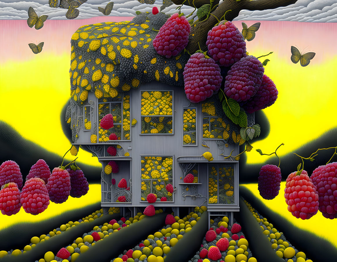 Surreal landscape with bees, honeycombs, raspberries, butterflies, and pink sky