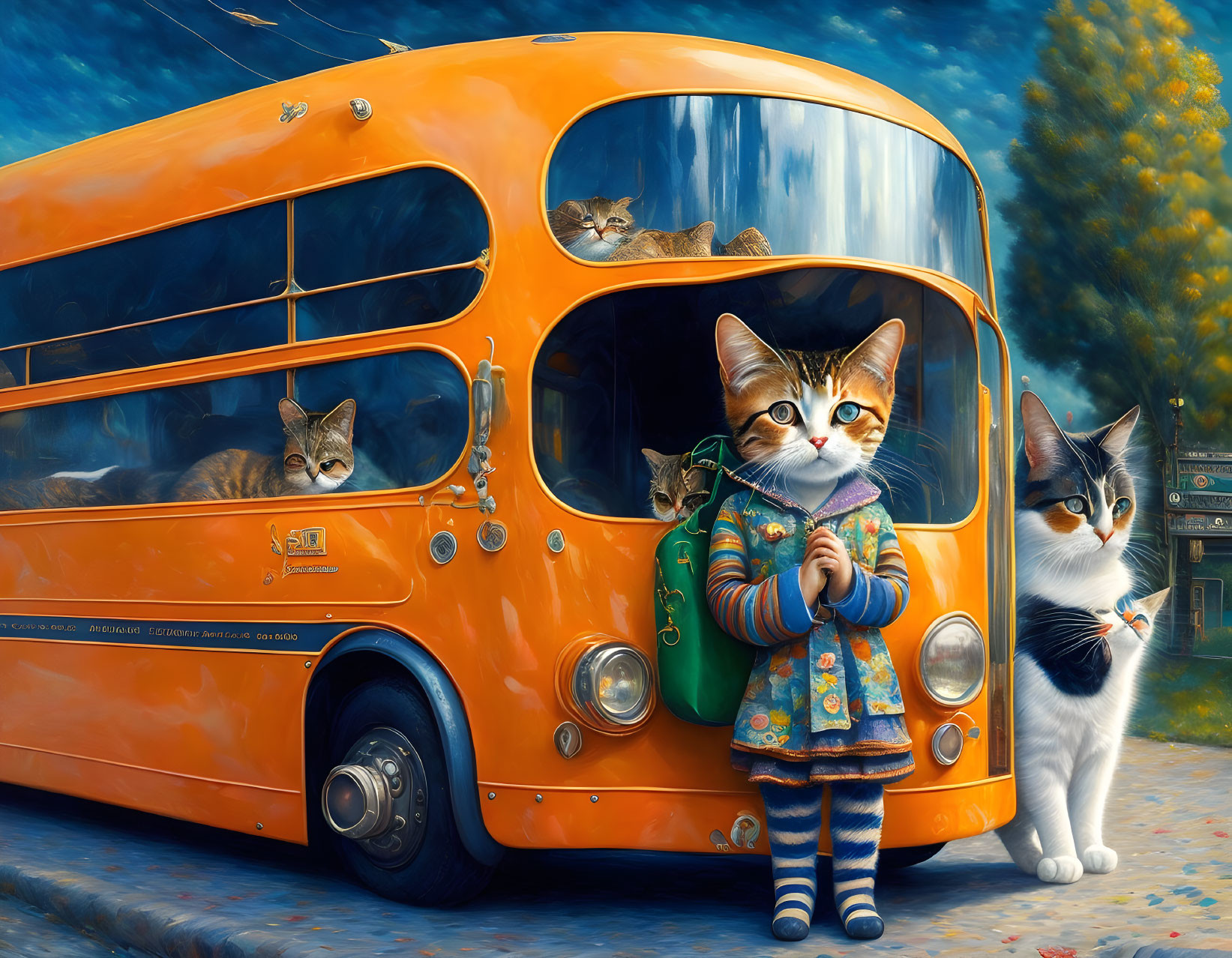 Anthropomorphic kitten with backpack near orange bus and cats with book