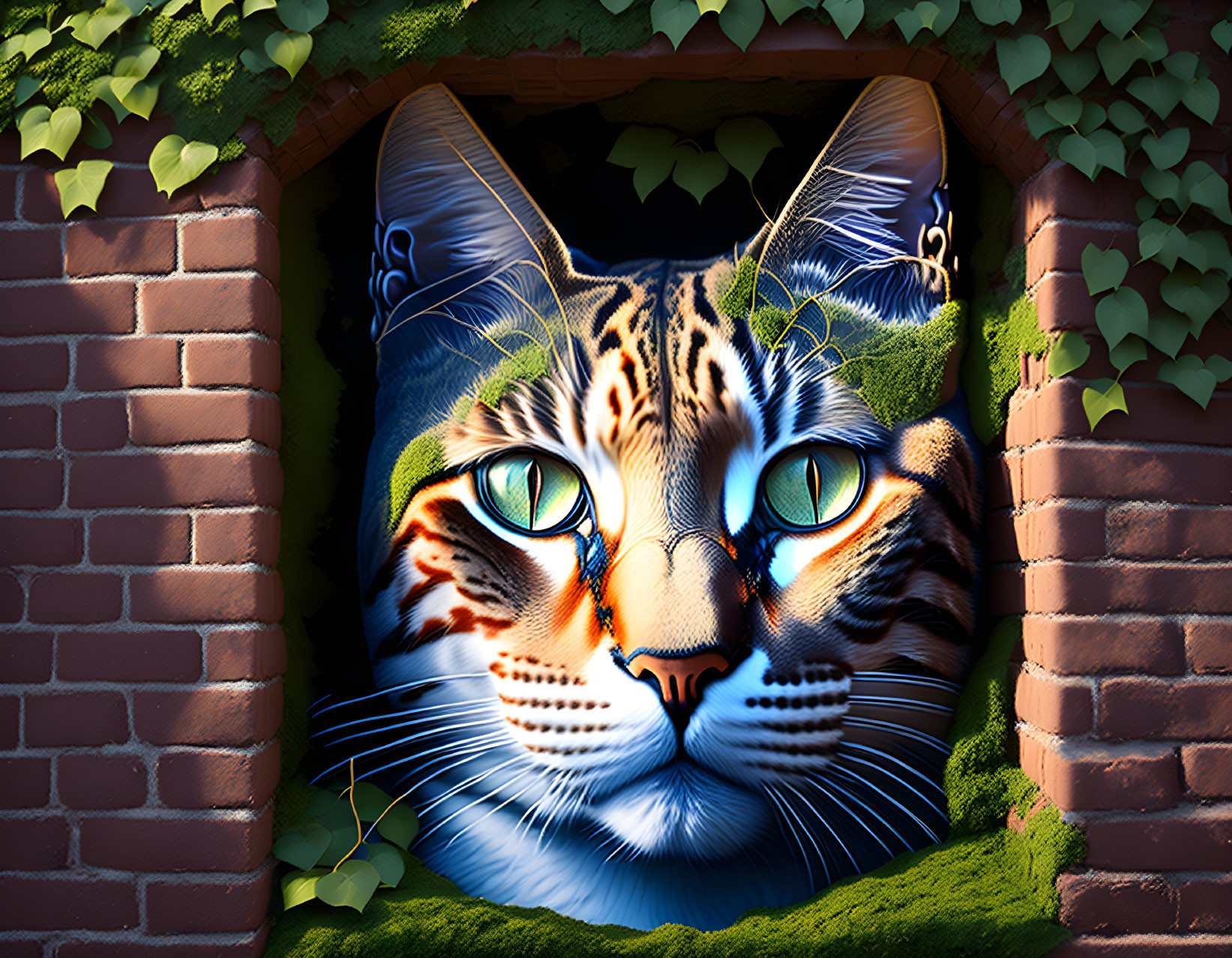 Detailed digital art: Cat's face in brick portal with ivy.