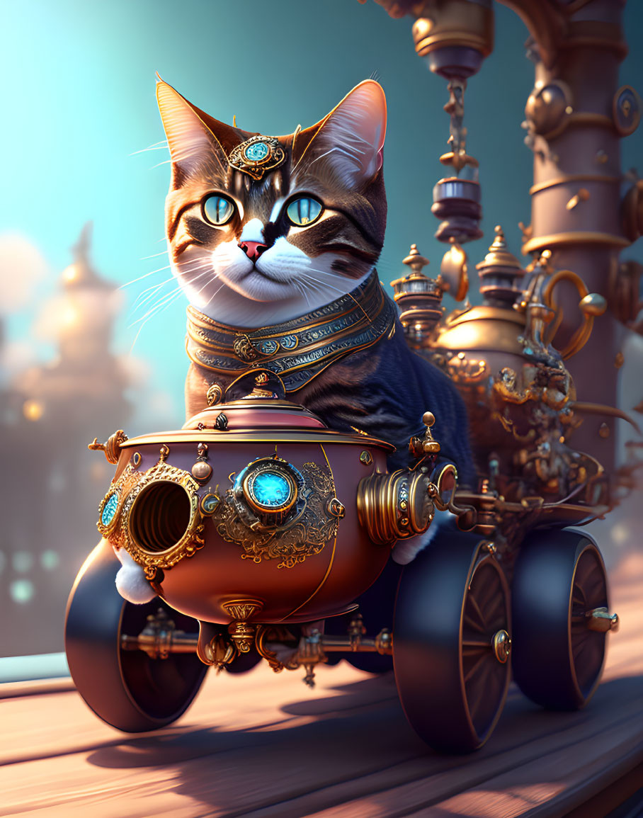 Steampunk-inspired cat with brass goggles and collar on mechanical contraption