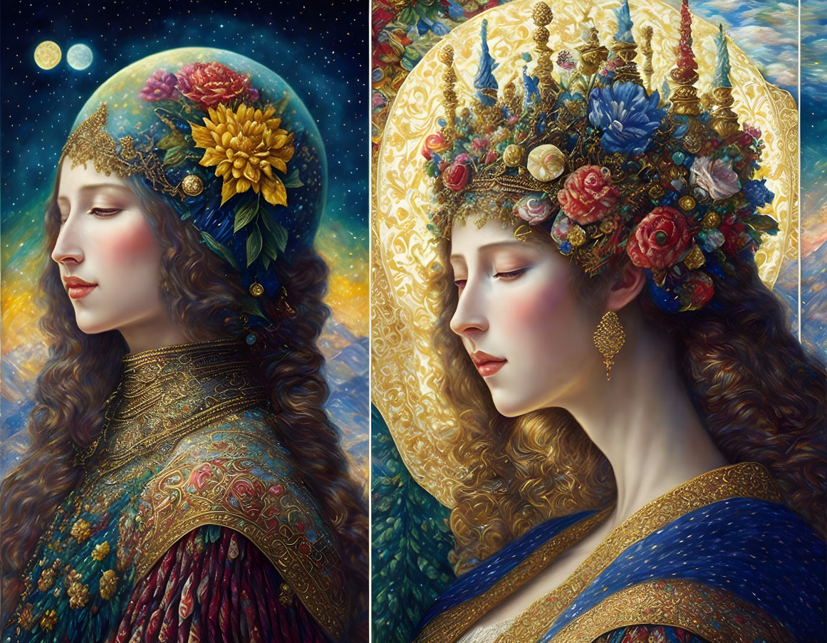 Colorful portraits of women with intricate floral headdresses and celestial backdrop.