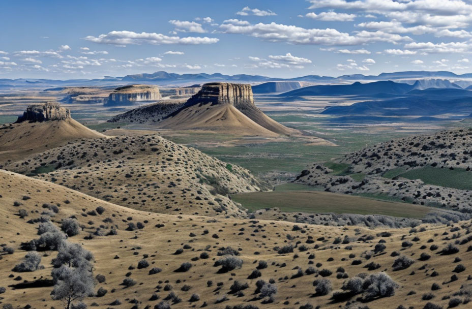 Scenic view of mesas above grassy valley under clear blue sky