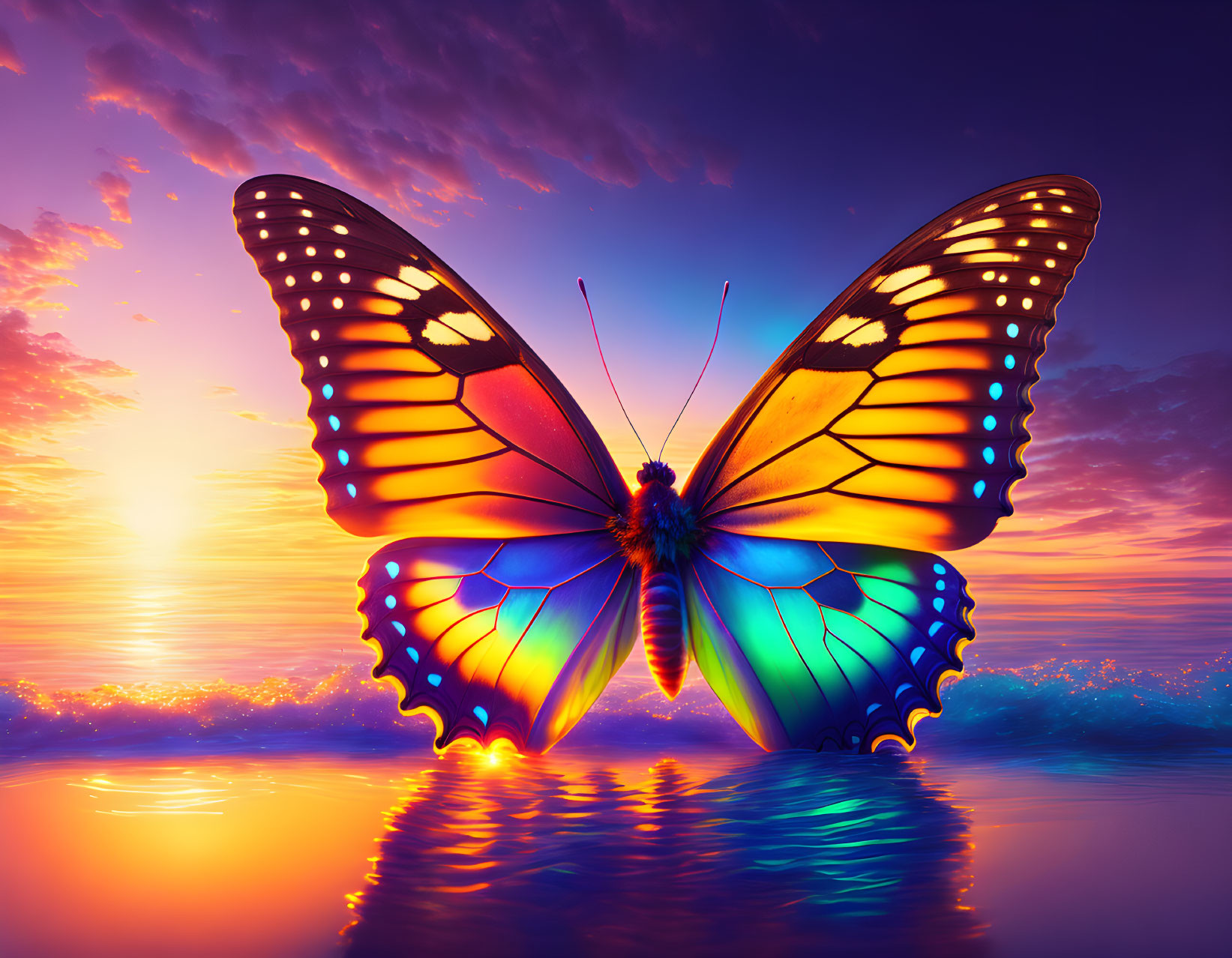 Colorful Butterfly Hovering Above Sunset Reflected on Water