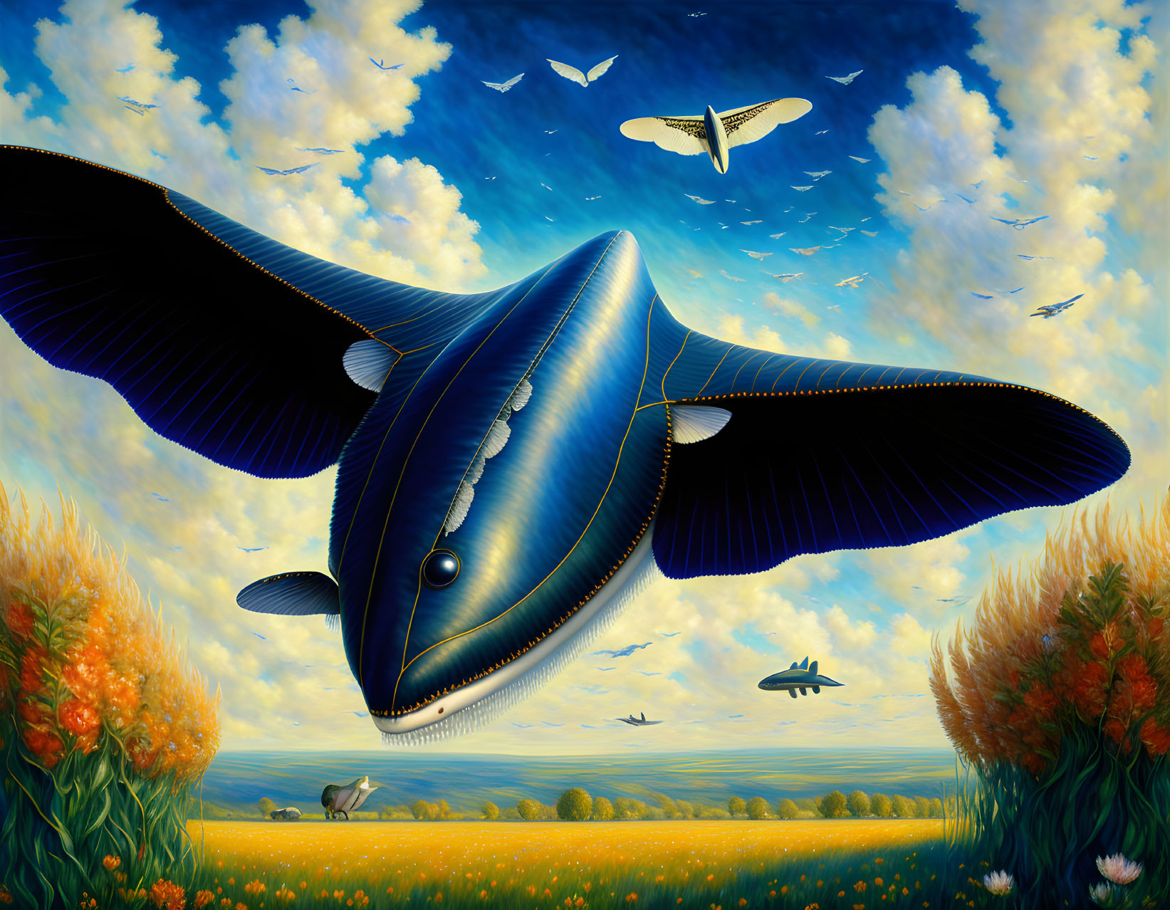 Surreal painting: giant flying fish with wings over golden field