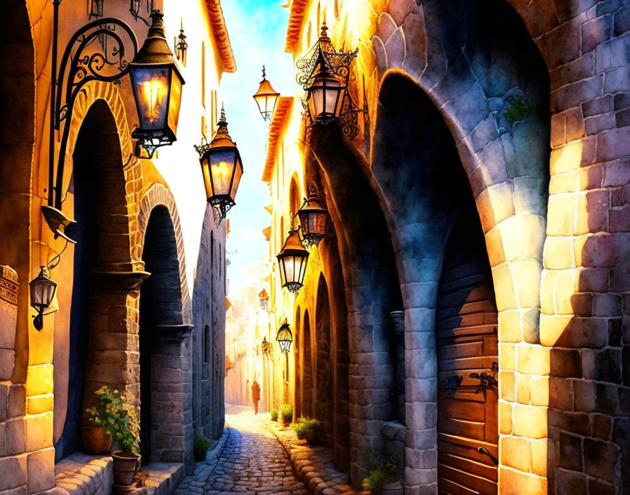 Illustrated scene: Vibrant cobblestone alley with arches and street lamps