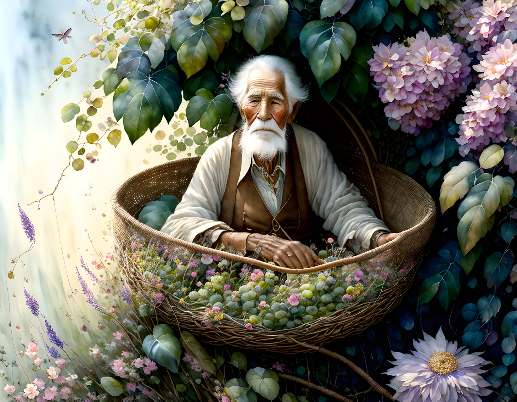 Elderly man with white beard in woven basket among flowers and foliage