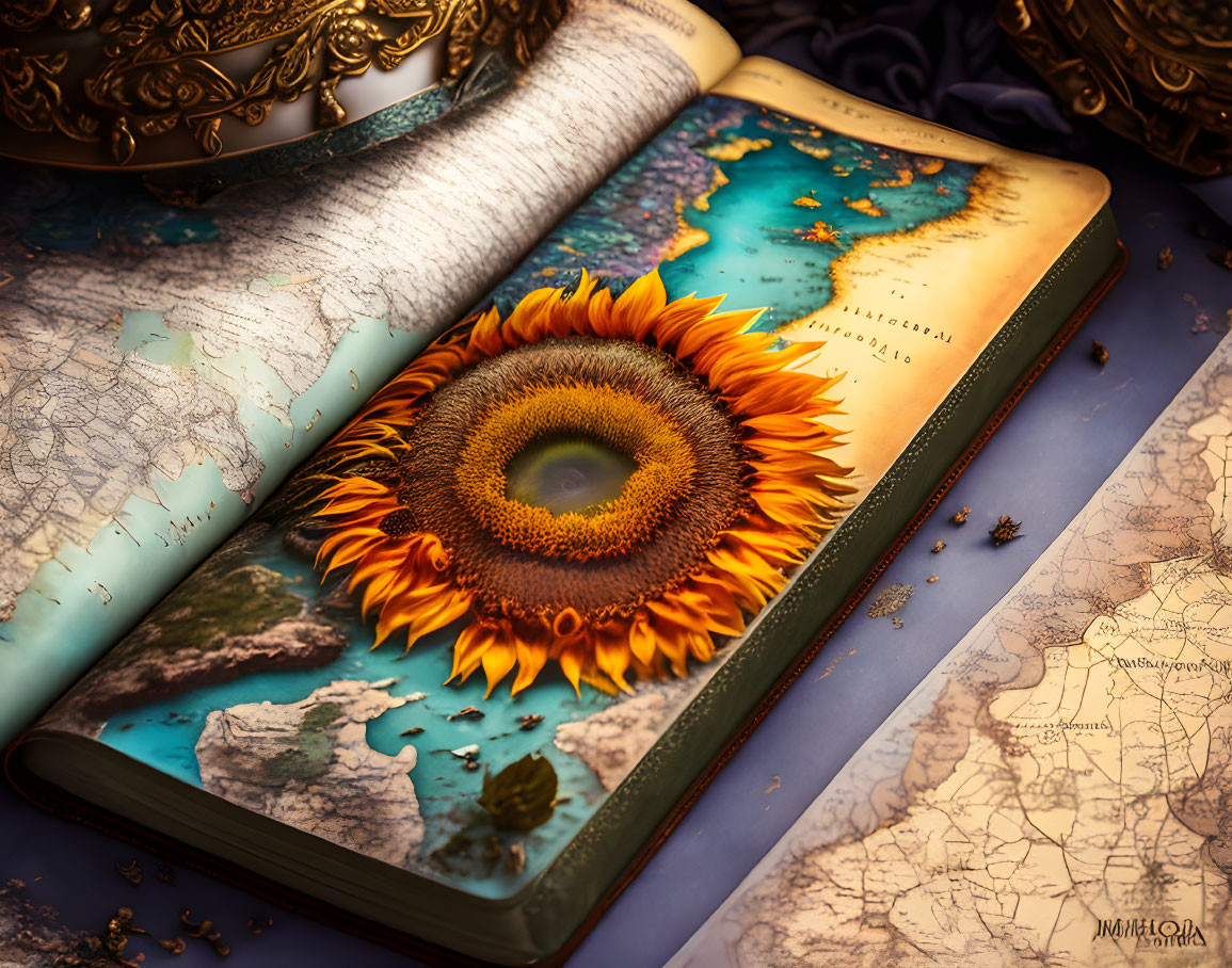 Fantasy map book cover with sunflower, scrolls, and compass