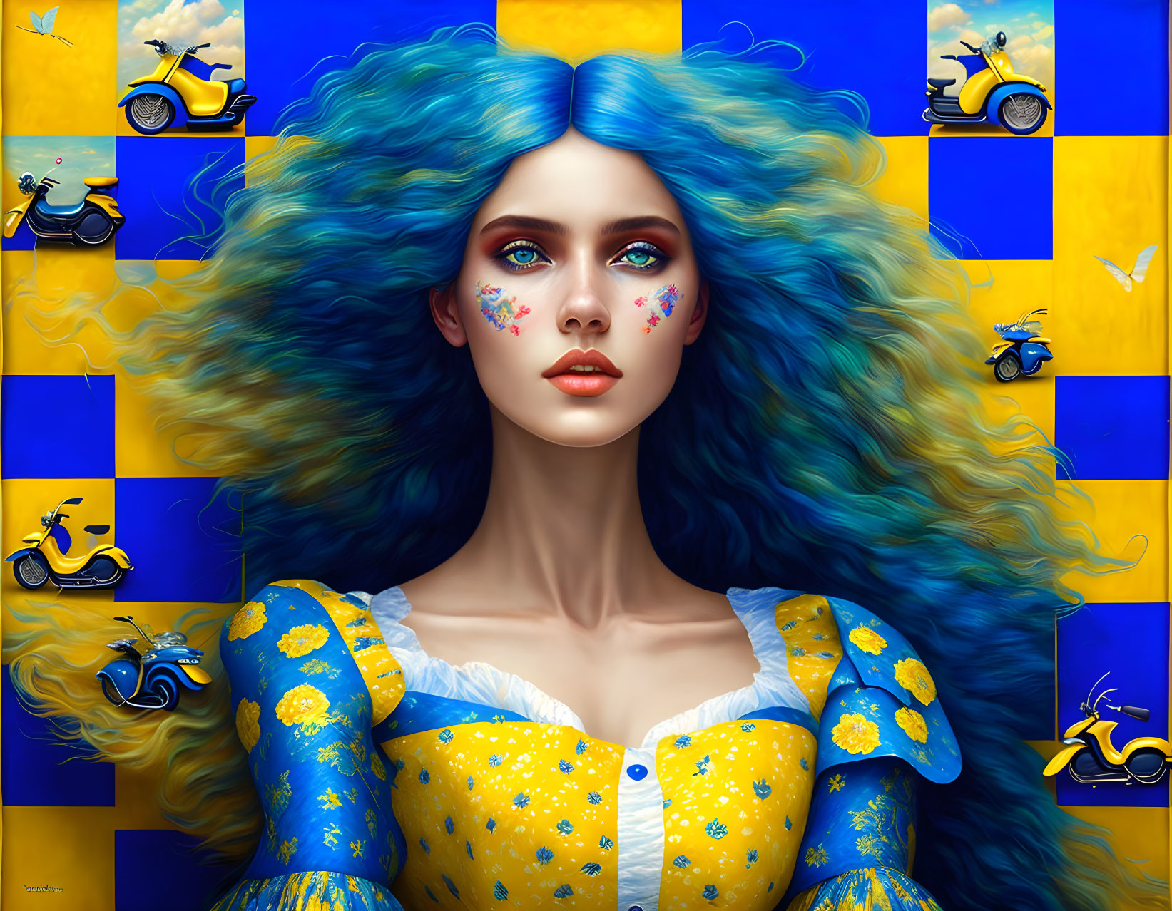 Vibrant blue-haired woman in yellow dress on checkered background