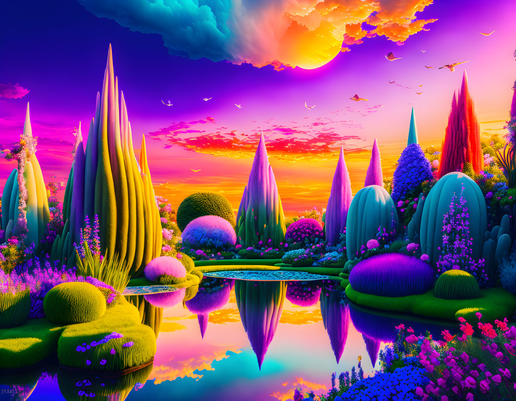 Colorful surreal landscape with vibrant vegetation, water reflections, birds, and purple sunset.