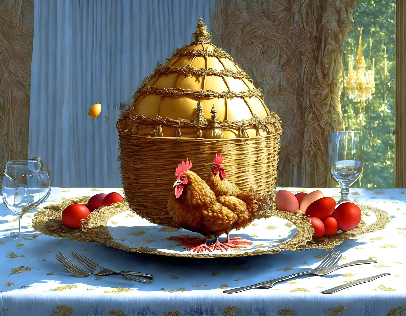 Table setting with woven basket centerpiece, hen on plate, red eggs, clear glasses, cutlery