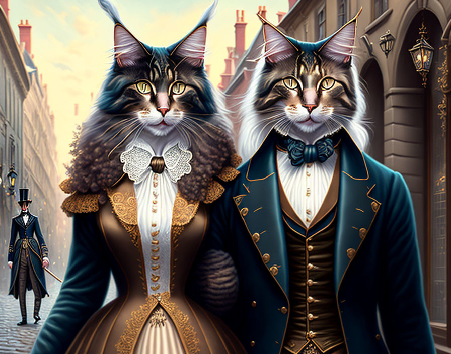 Anthropomorphic Cats in Regal 18th-Century Attire on Cobblestone Street