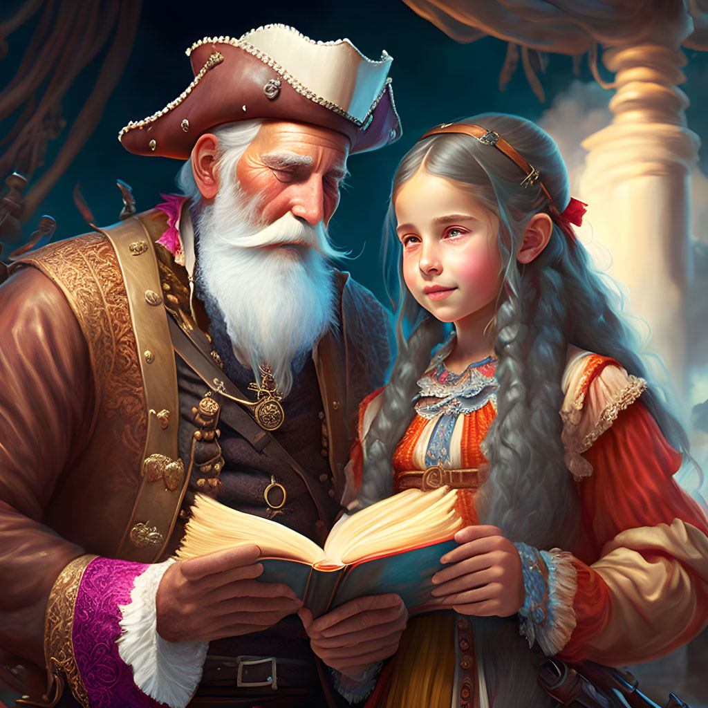 Elderly pirate with white beard and young girl sharing a moment with open book