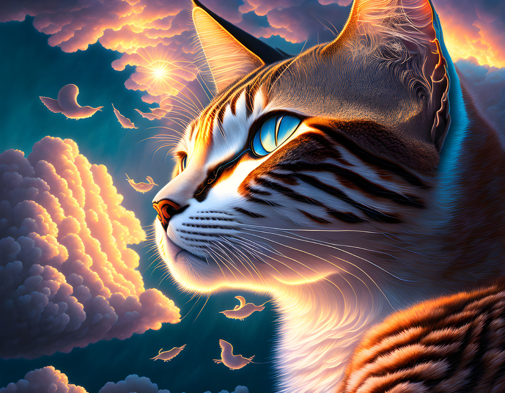 Colorful digital artwork of cat with blue eyes in sunset sky