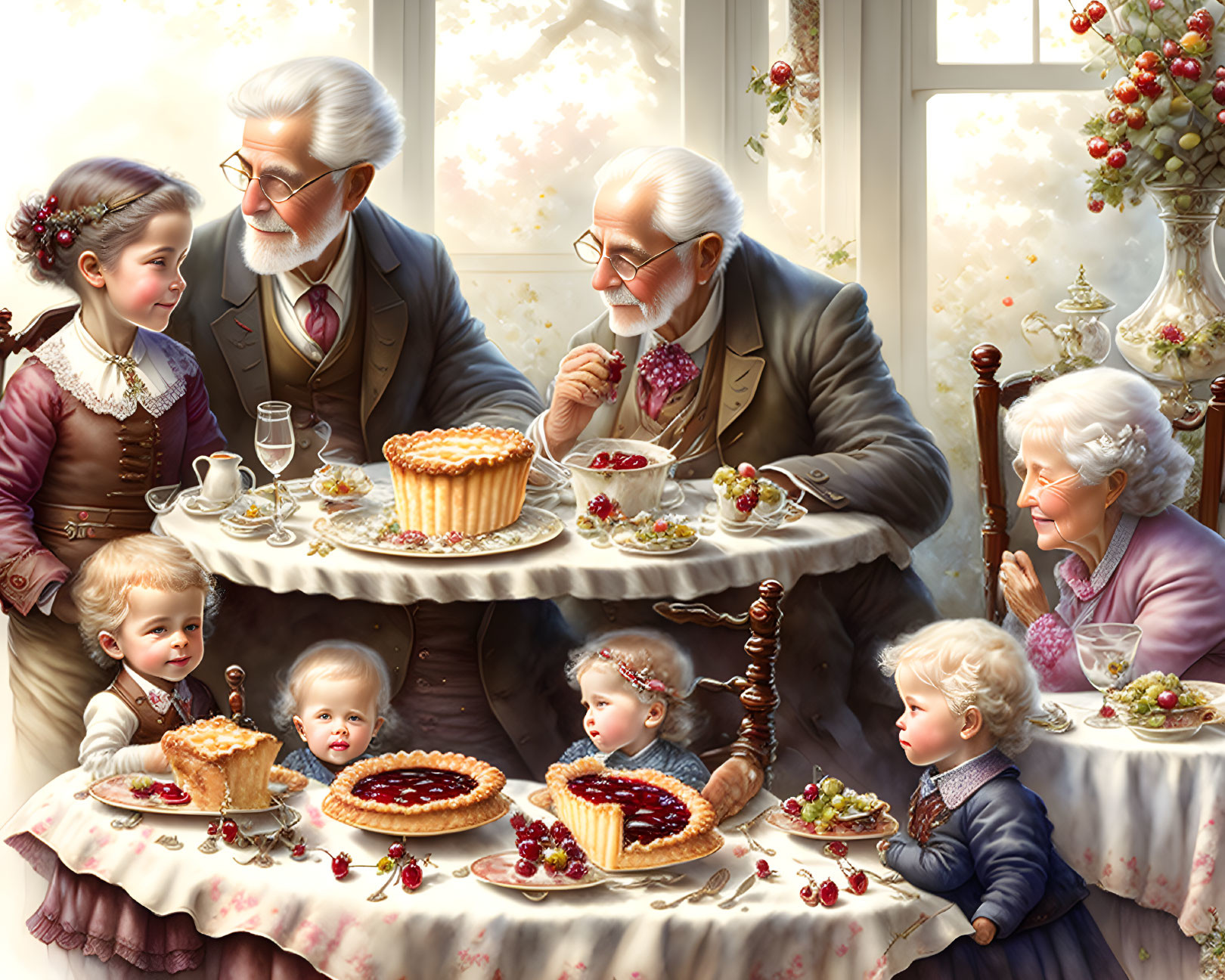 Family Scene: Elderly Adults & Children Enjoy Pies by Sunny Window