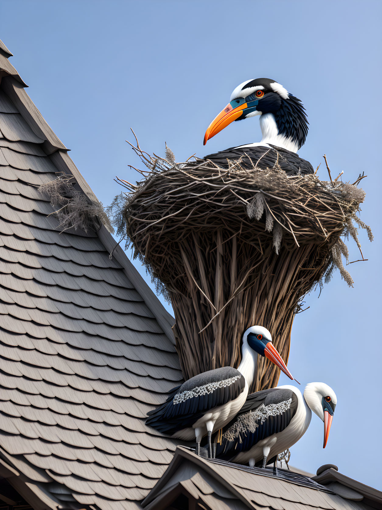 Three large bird sculptures on nest perched on shingled roof