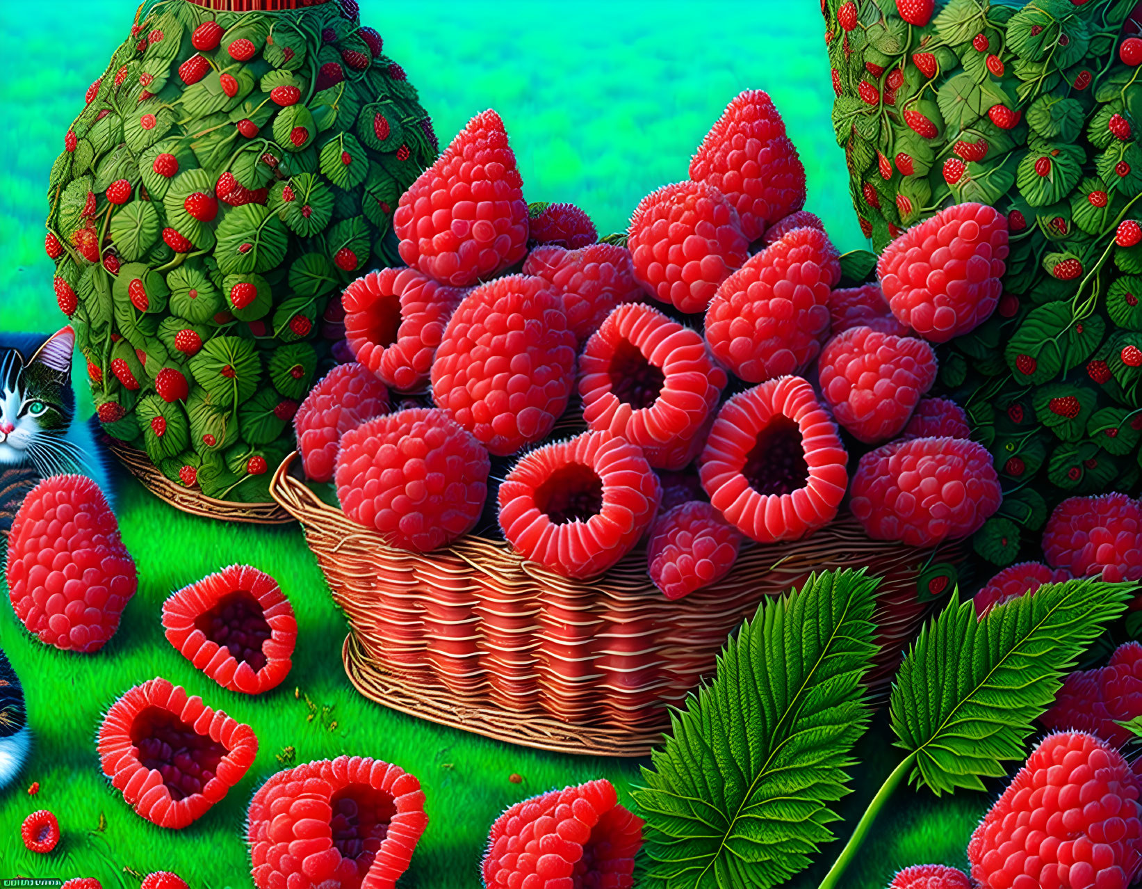 Colorful raspberries in basket with curious cat among bushes