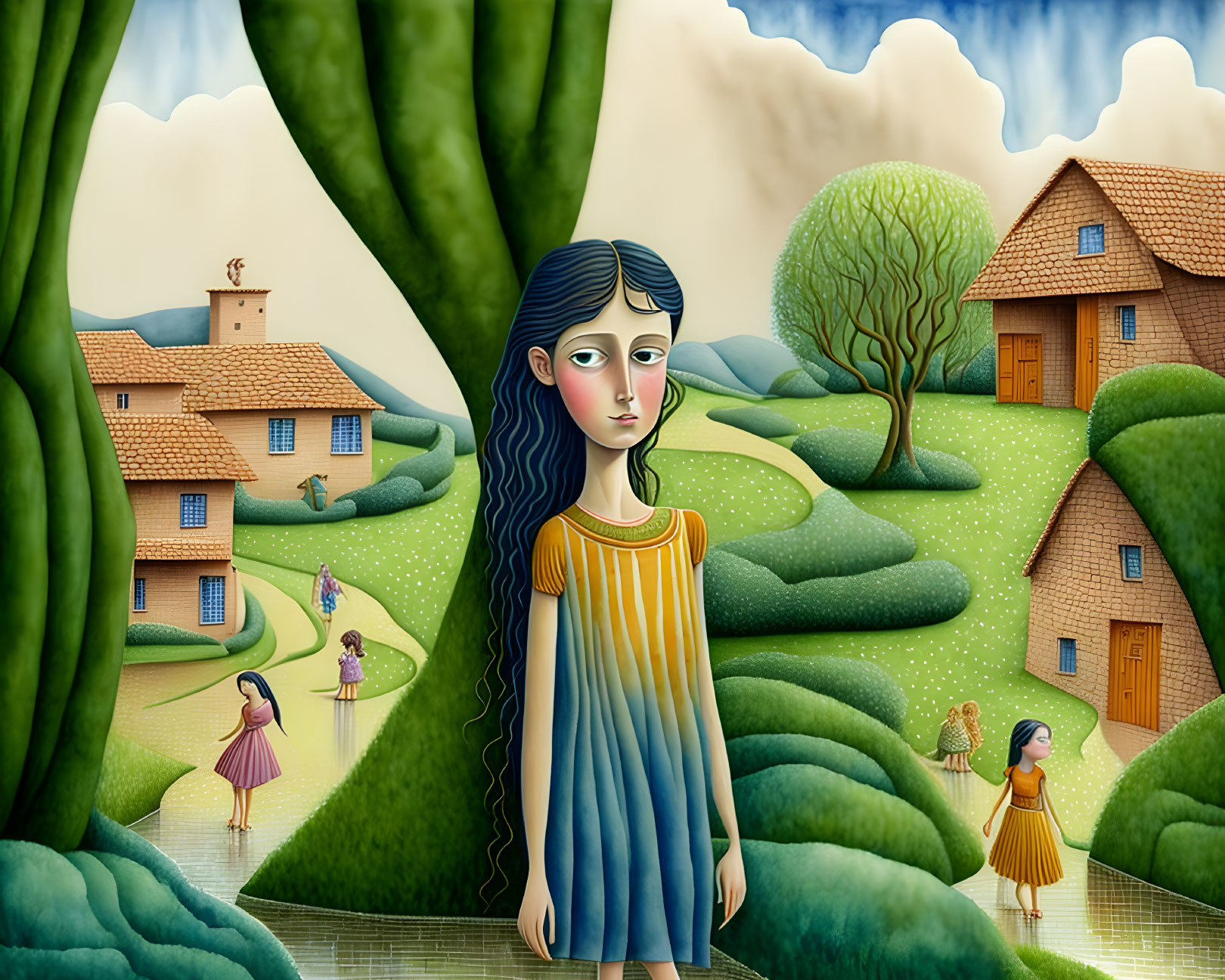 Stylized girl with blue hair in striped dress in whimsical landscape