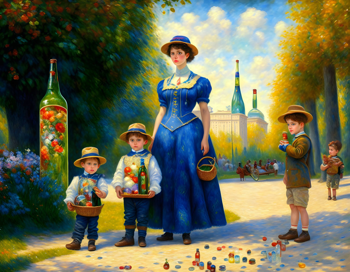 Whimsical painting of oversized bottles, woman in blue, children with baskets in colorful forest