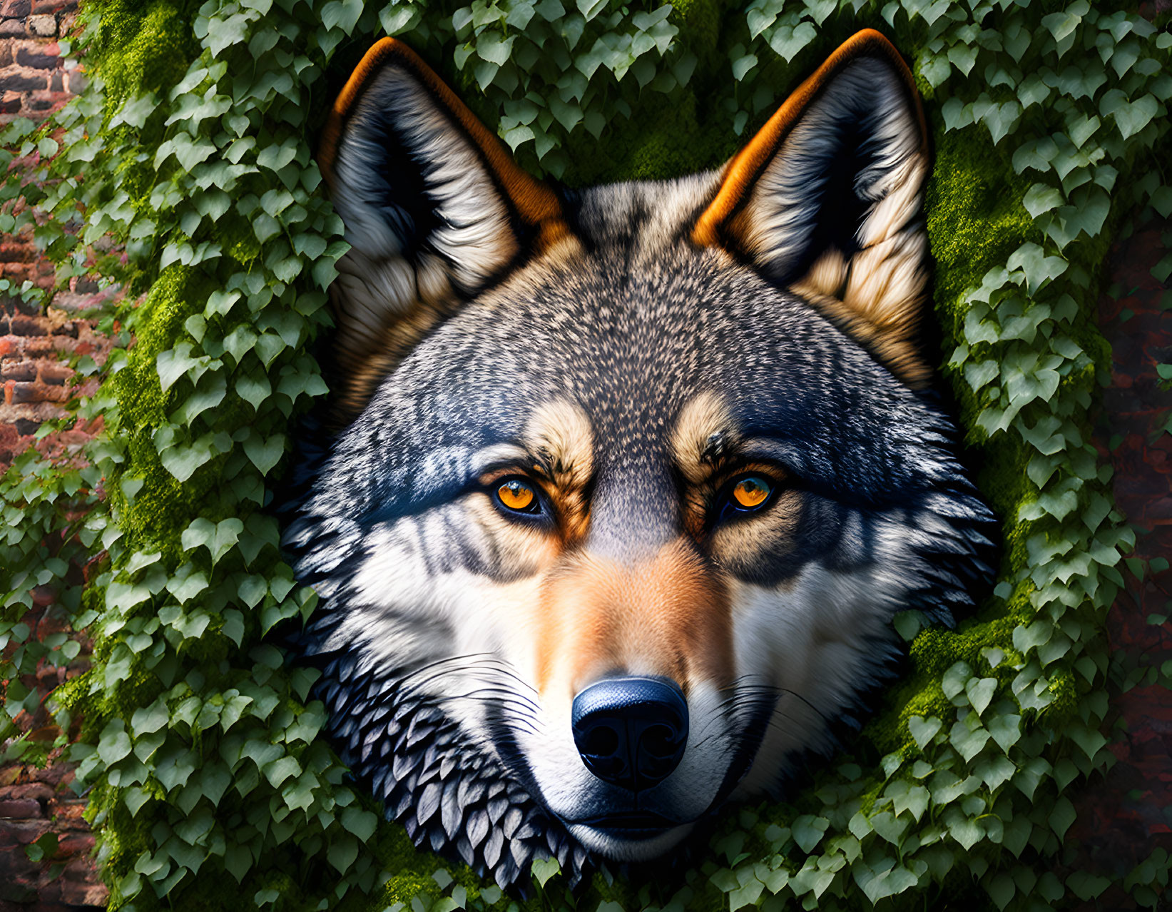 Hyper-realistic Wolf Face Peeking Through Ivy on Brick Wall