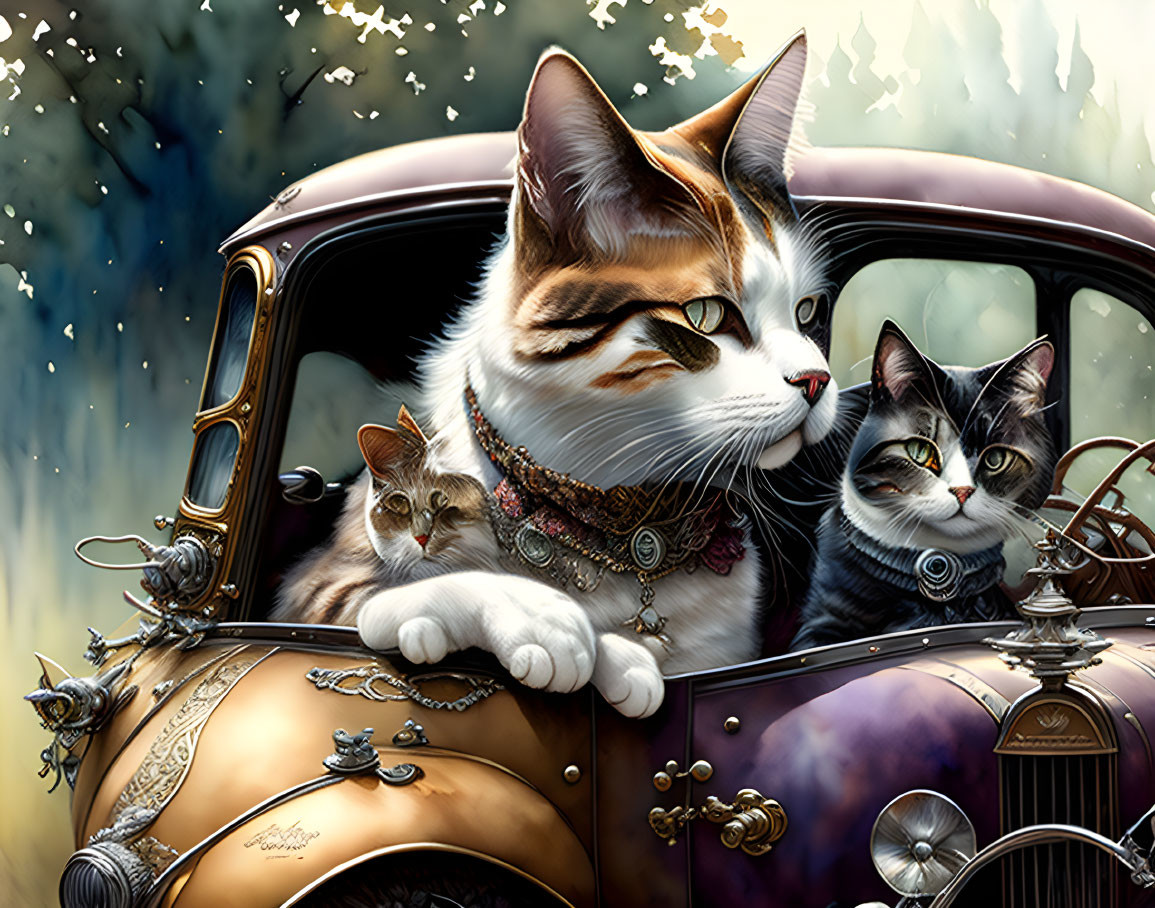 Stylized cats with human-like expressions in vintage car scene