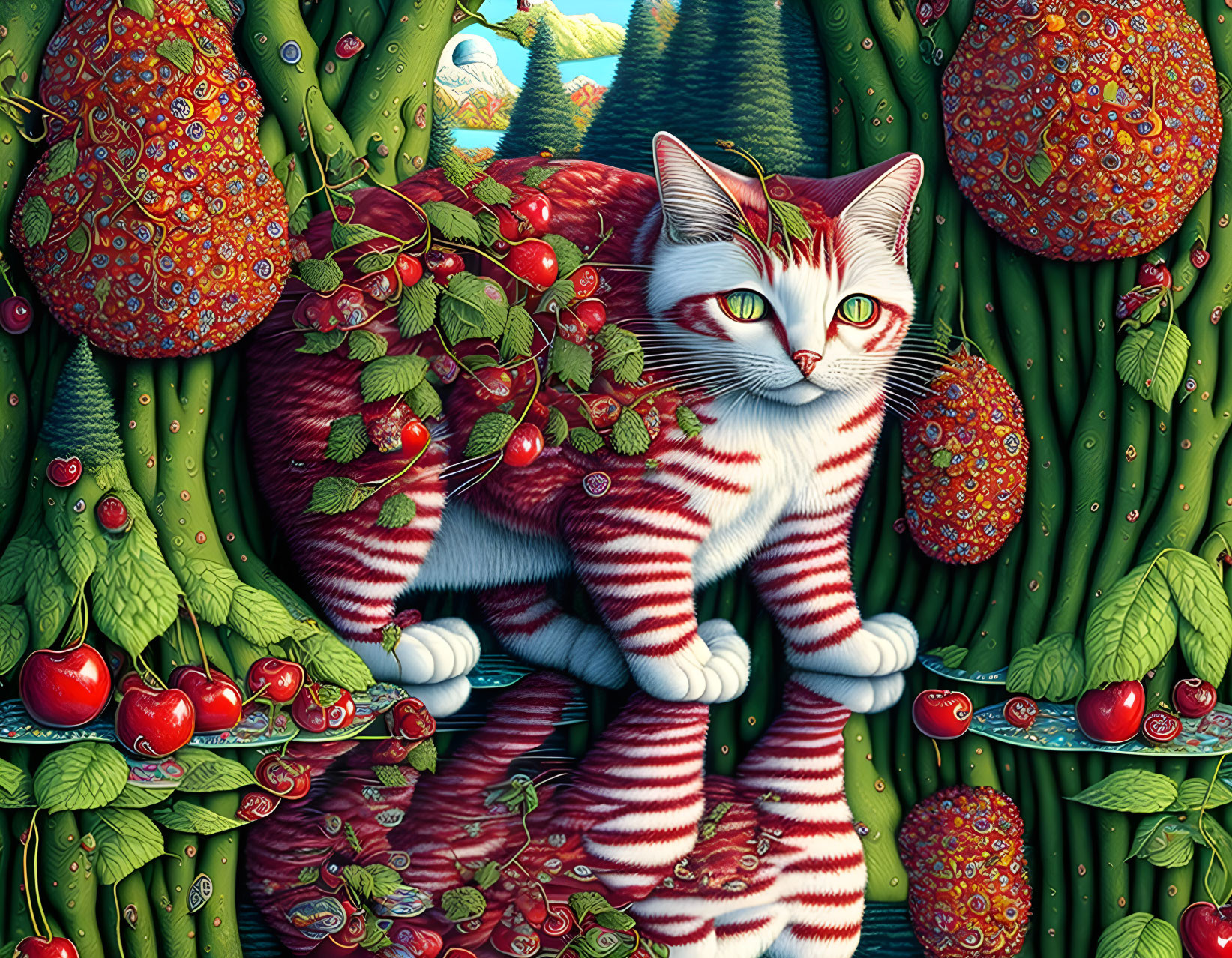 Illustration of striped cat in nature with vibrant background