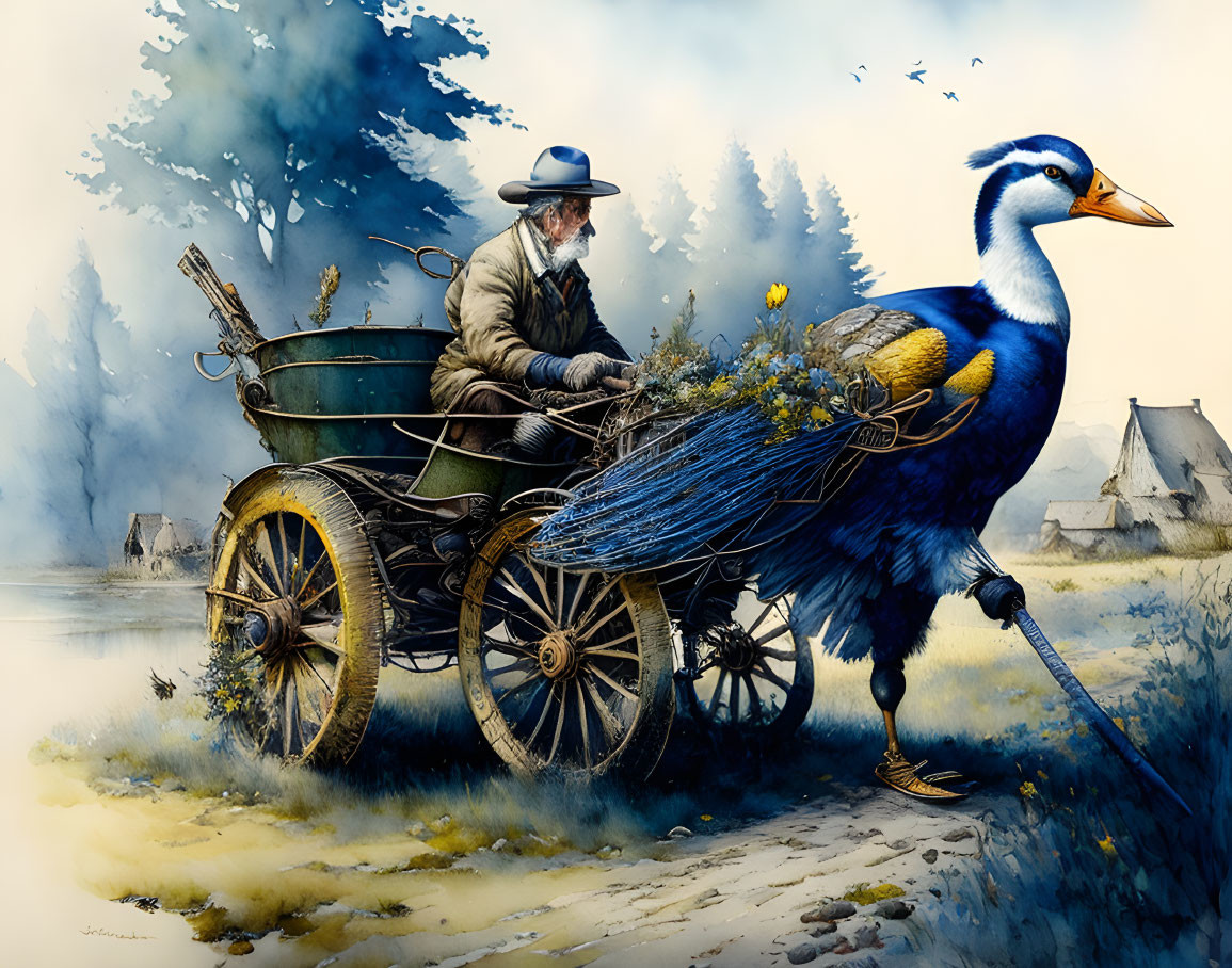 Man in cart pulled by bird in whimsical painting with rustic cottage.