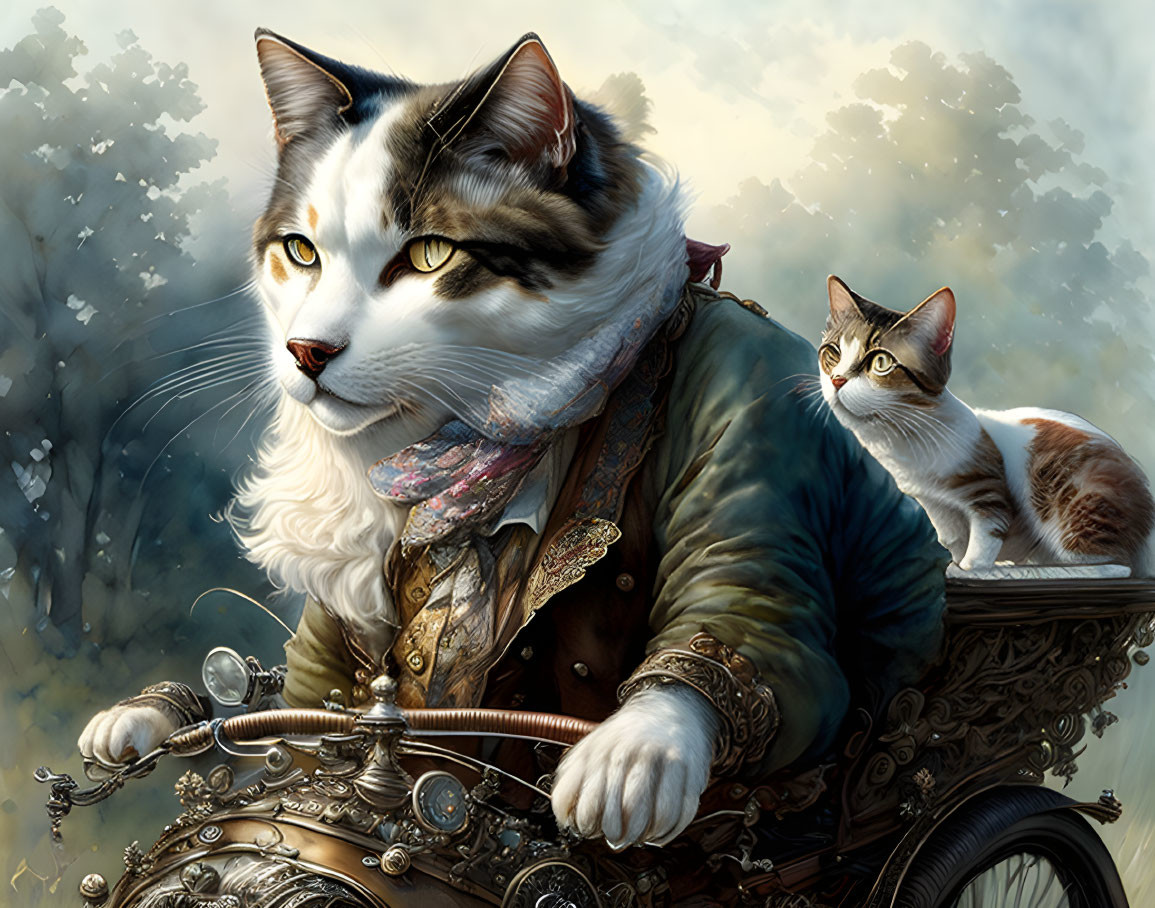 Anthropomorphic cats on vintage motorcycle in elegant attire with misty backdrop