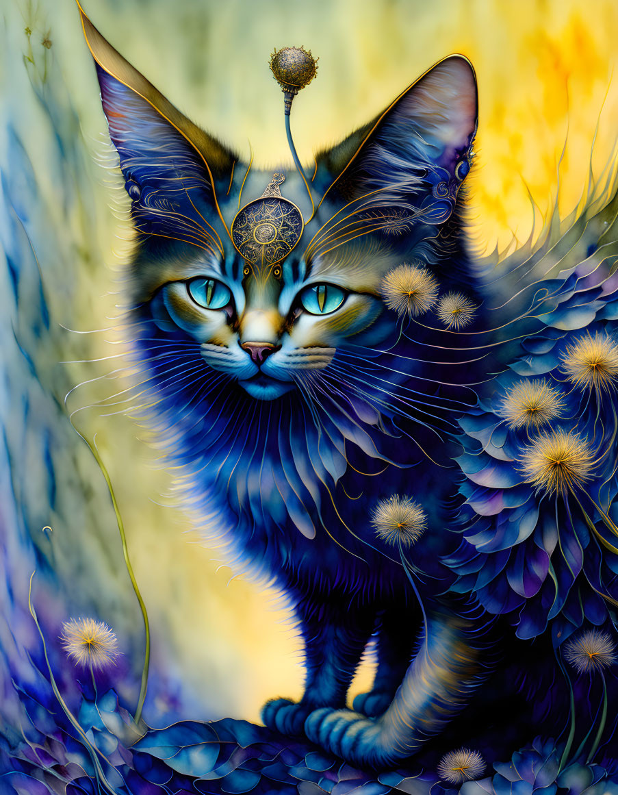 Blue fantasy cat with intricate patterns on warm abstract background