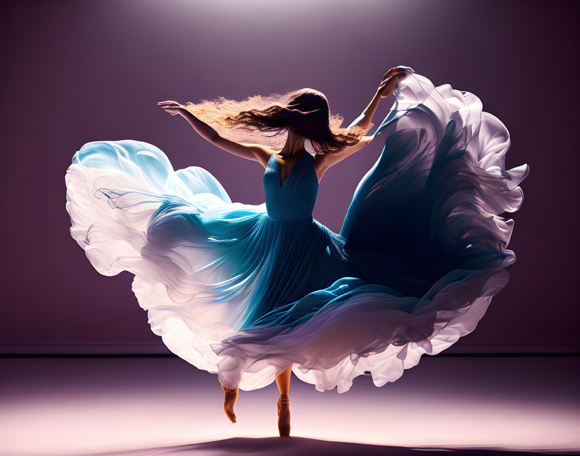 Graceful dancer in flowing blue dress pirouettes against purple backdrop