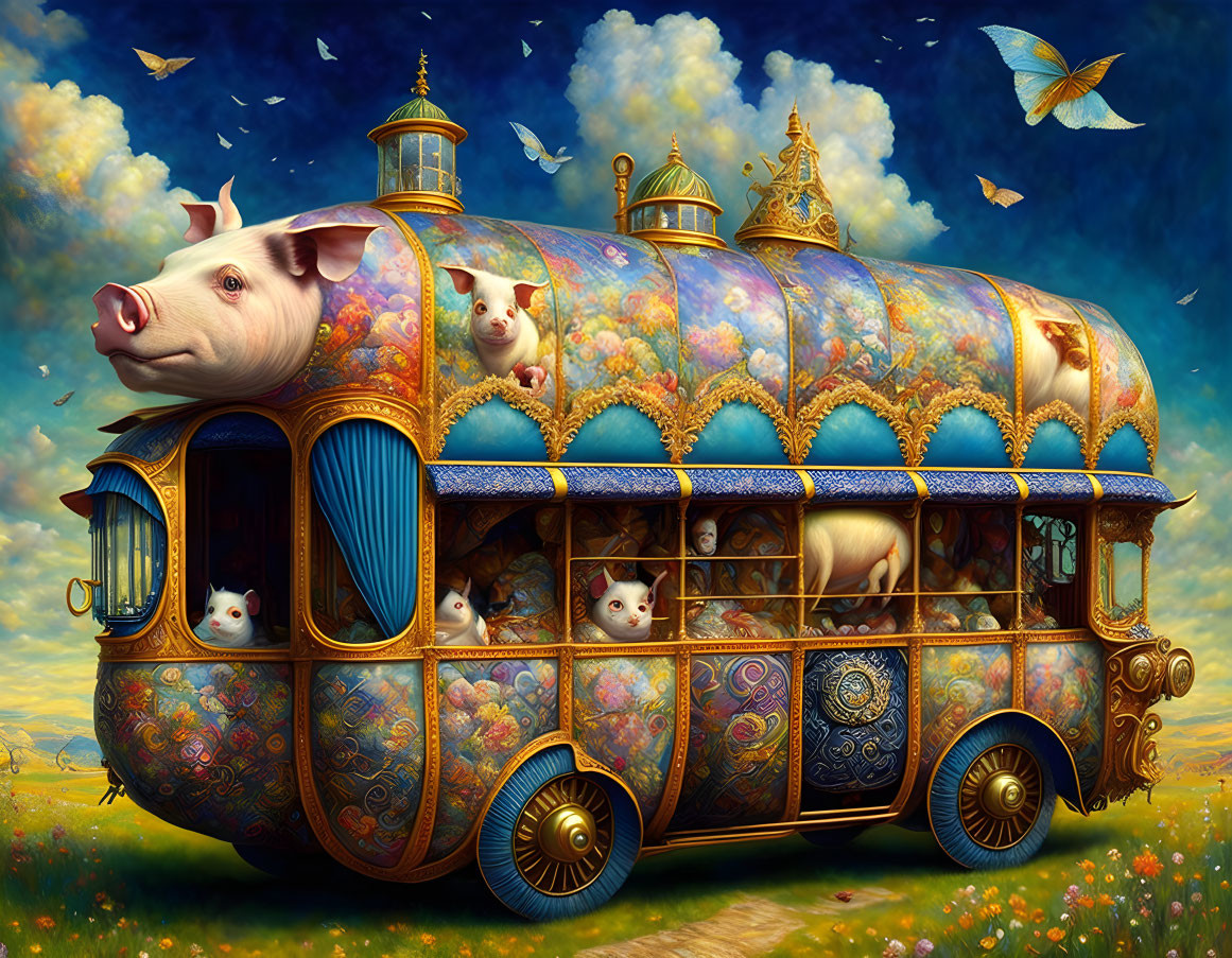 Ornate multi-story vehicle with domes filled with cats and pigs in whimsical painting