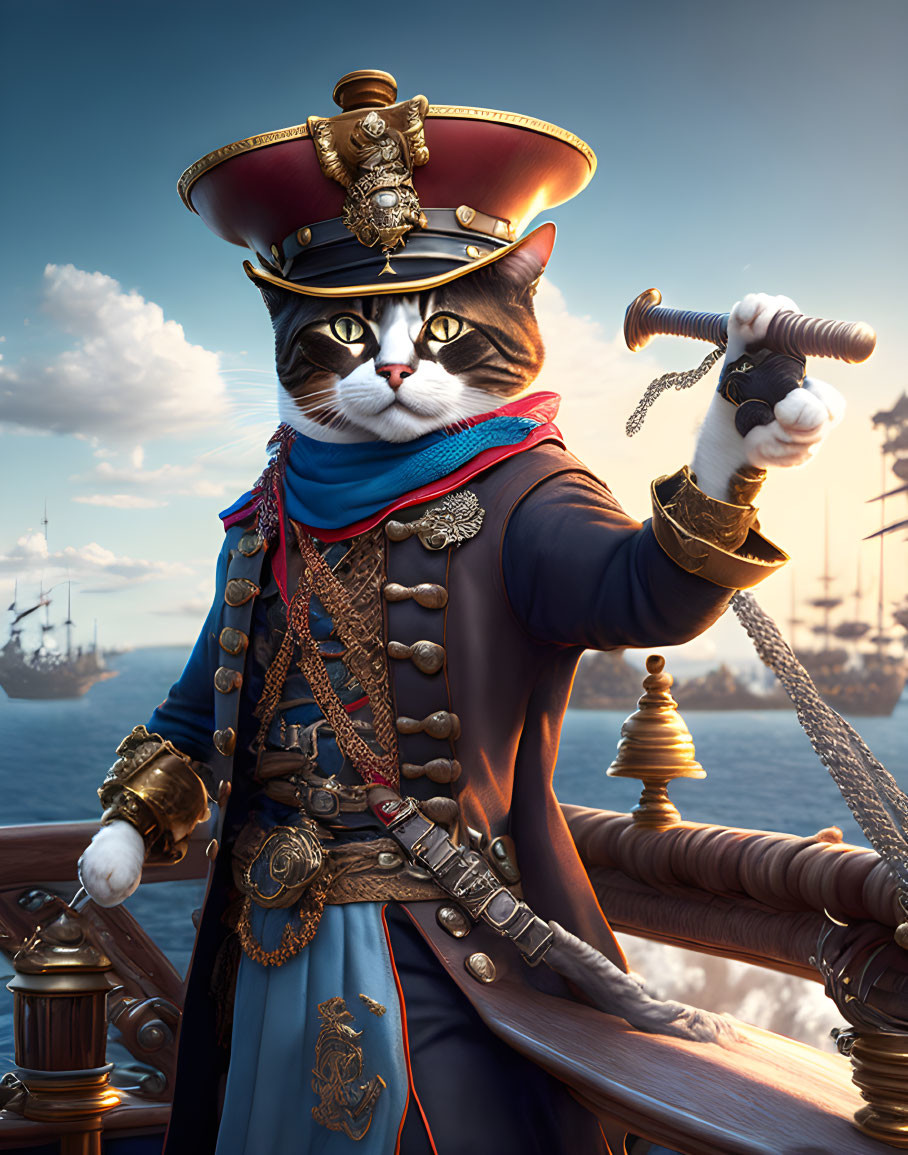 Cat in naval captain costume on ship deck with sword, sea background