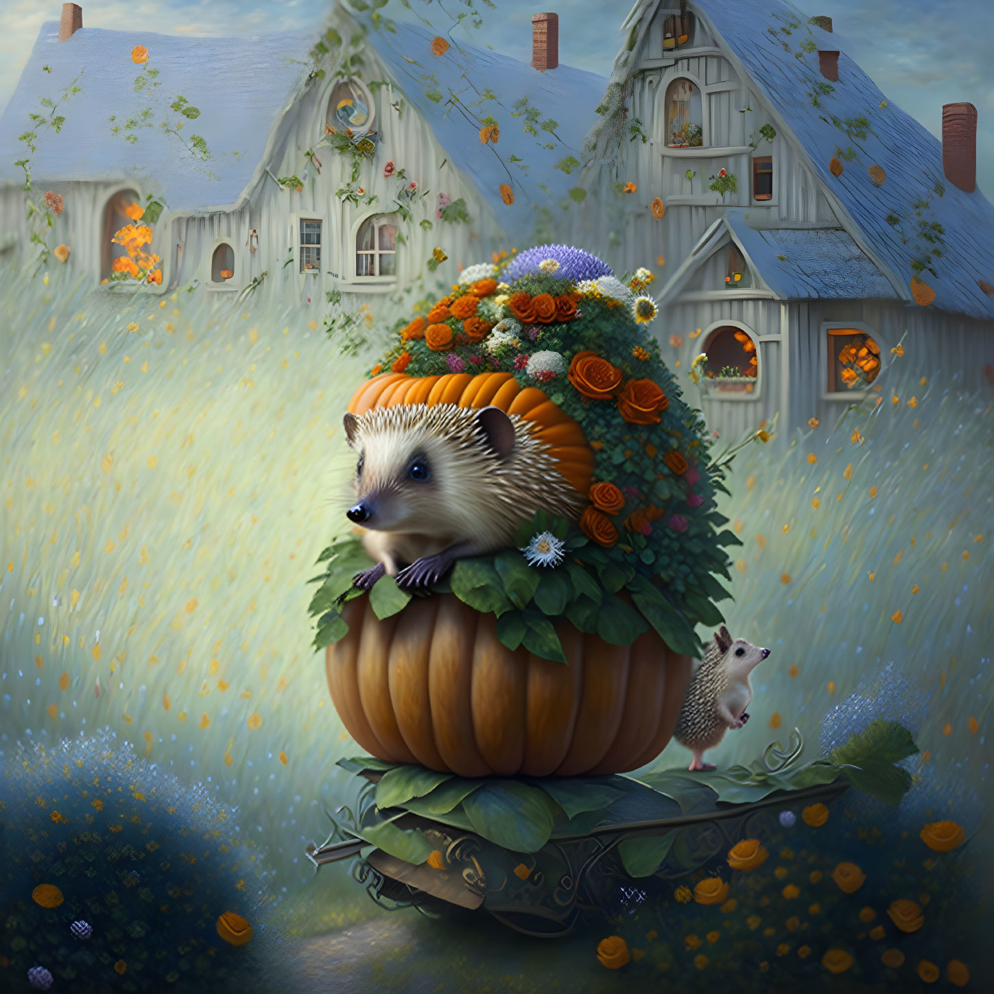 Illustration of hedgehogs in pumpkin with village backdrop