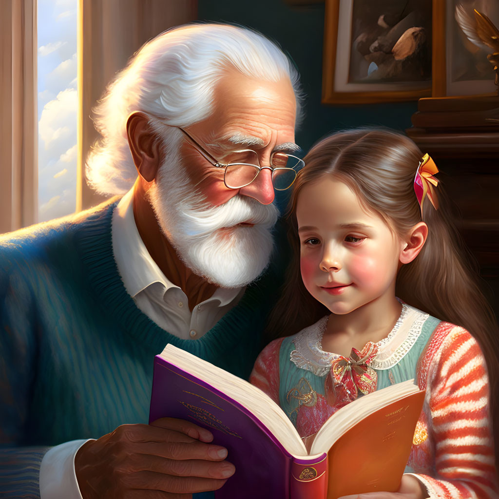 Elderly man with white beard and girl reading book in warm sunlight