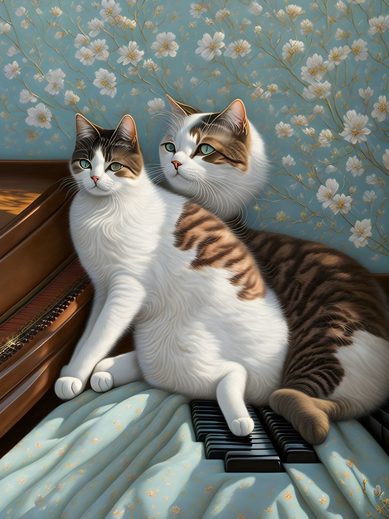 Two cats with green eyes on piano keys against floral wallpaper