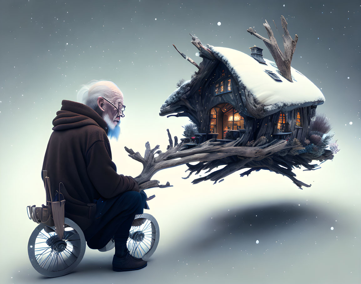 Elderly man in wheelchair views snow-covered cottage at night