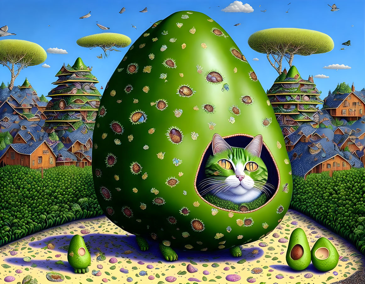 Whimsical landscape with oversized green egg and cat face in floating island scene